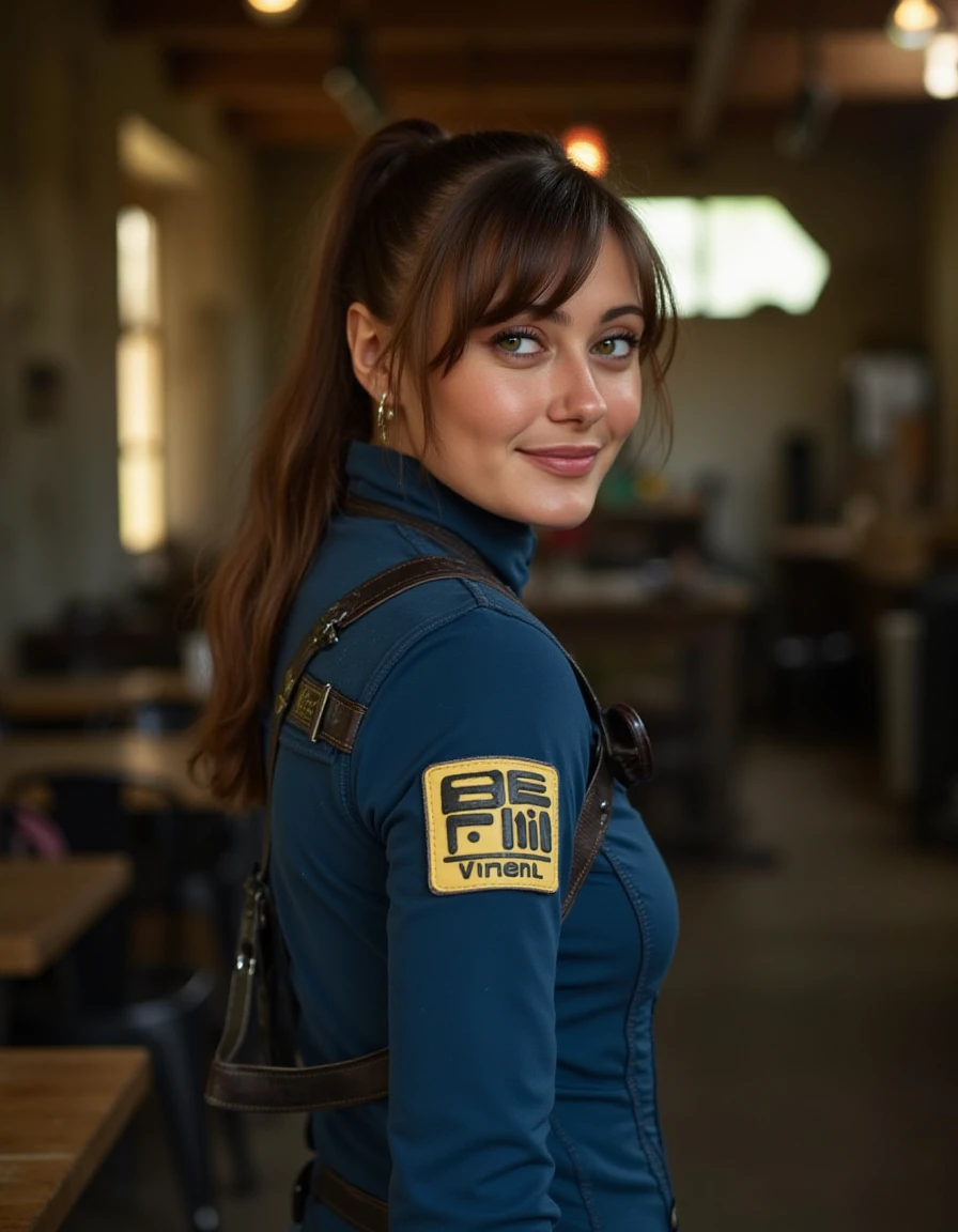 <lora:Ella_Purnell_Flux:1>  beautiful detailed photograph,  brown hair ponytail with loose strands framing her face, wearing a  Vault tech blue and gold color latex vault suit, standing in a ruined cafe looking at the viewer, smiling