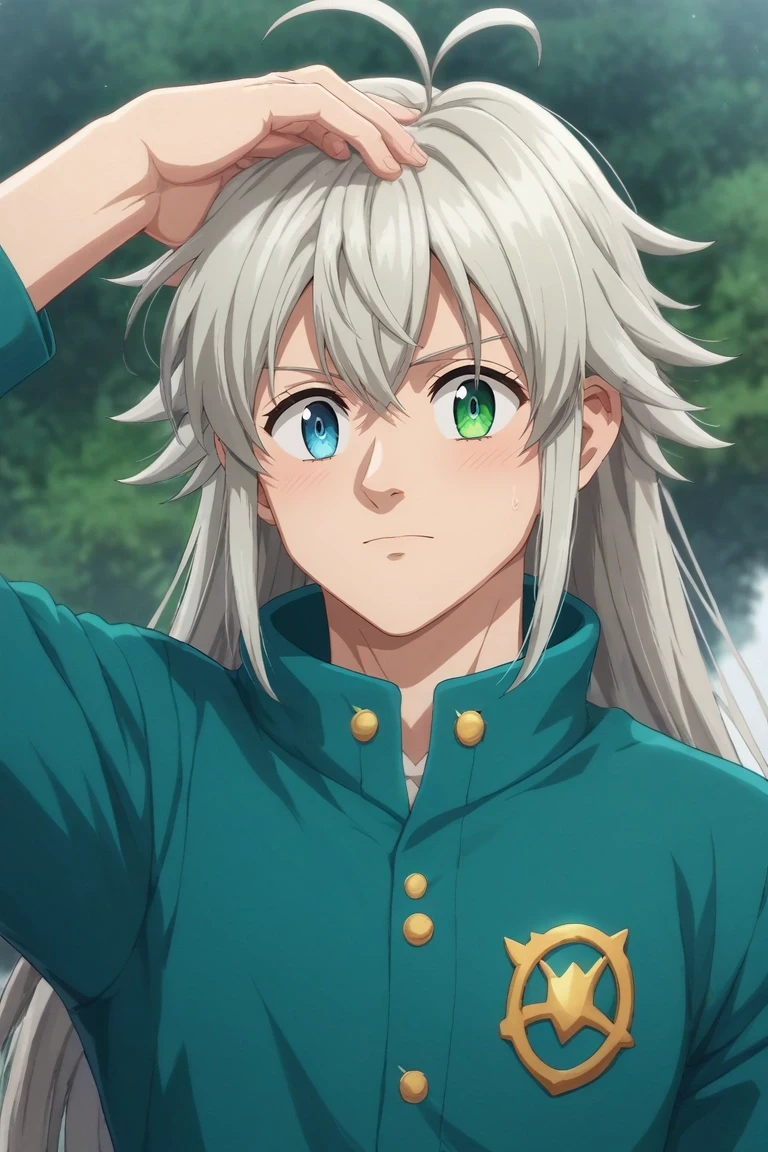 score_9, score_8_up, score_7_up, , rating_safe, , (realistic:0.6), , depth of field, 1boy, solo, male focus, <lora:tristan_liones_pony:0.74>, tristan_liones, grey hair, green eyes, long hair, ahoge, heterochromia, blue eyes, , panorama, mont saint michel, dawn, arm up, nervous, jumper, caps, <lora:sdxl_lightning_8step_lora:1>