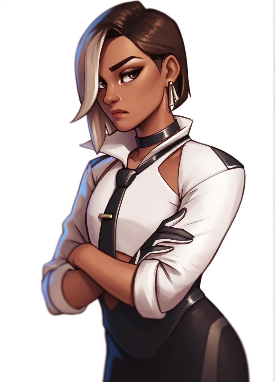 <lora:FN_Antonia-PONY:1> fnantonia, solo, dark skinned female, brown eyes, eyeliner, two-tone hair, hair over one eye, earring, black choker, white collared shirt, black necktie, sleeves rolled up, two-tone gloves, black skirt, standing, arms crossed, cowboy shot, white background, score_8_up, score_7_up, score_6_up, score_5_up, score_4_up,