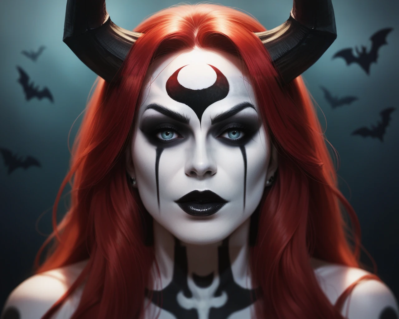 score_9_up, score_8_up, score_7_up, halloween makeup, 1girl, solo, skull, horns, red hair, lipstick, makeup, long hair, tattoo, black lips, facepaint, facial mark, <lora:NeoNi_HMUP:0.7>