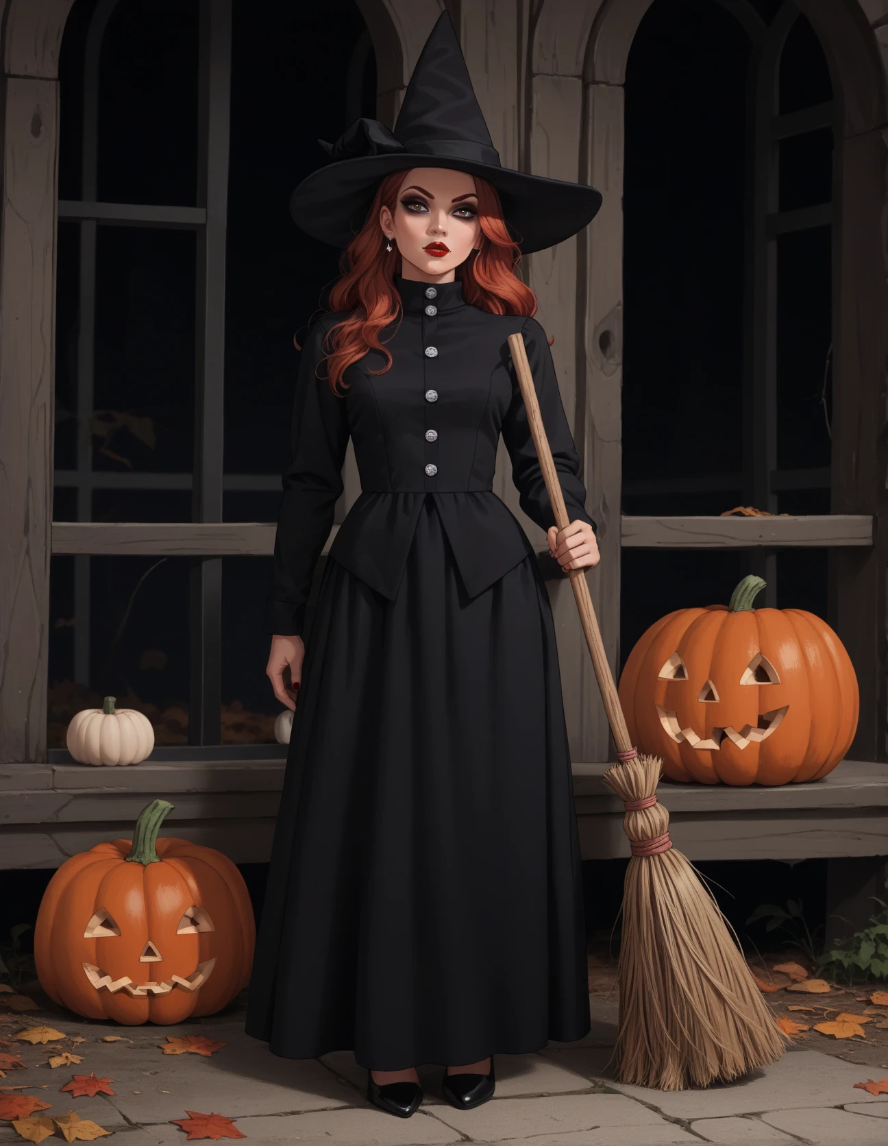 score_9, score_8_up, score_7_up, score_6_up, score_5_up, score_4_up, 1girl, solo, long red hair, lipstick, eyeliner, hud_tr4d_w1tch, witch hat, black dress, long sleeves, buttons, pumpkin, high heels, <lora:hud_tr4d_w1tch_XLP:0.6> , holding broom