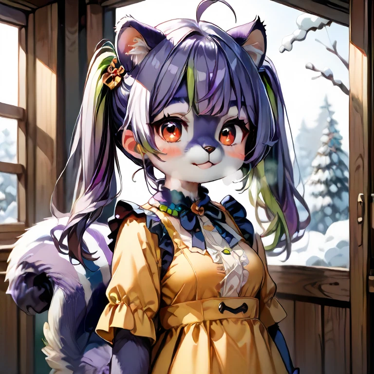 score_9,score_8 up,score_8,score_7 up,source_anime,masterpiece,highest quality,best quality, kawaii, cute, adorable, anthro, feral , furry,squirrel female, solo,outside,standing,cowboy shot, big window,winter, cold breath, Mauveko,purple hair,twintails,green highlights,ahoge,red eyes,
 <lora:my_OC_No.01_Mauvekoã¢ã³test:1>