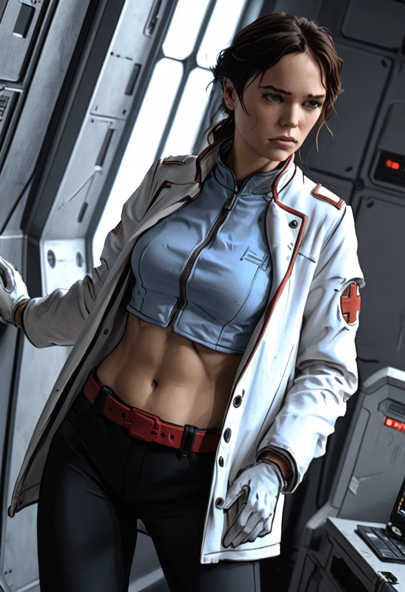 score_9, score_8_up, score_7_up, perfect face, best quality, masterpiece, lisa_caron, 1girl, solo, midriff, navel, blue crop top, red belt, black boots, medium breasts, white gloves, black leggings, white doctor jacket, standing, cowboy shot,
Detailed background, indoors, spaceship, dynamic angle, ultraHD, ultrarealistic, nightime, futuristic, Expressiveh