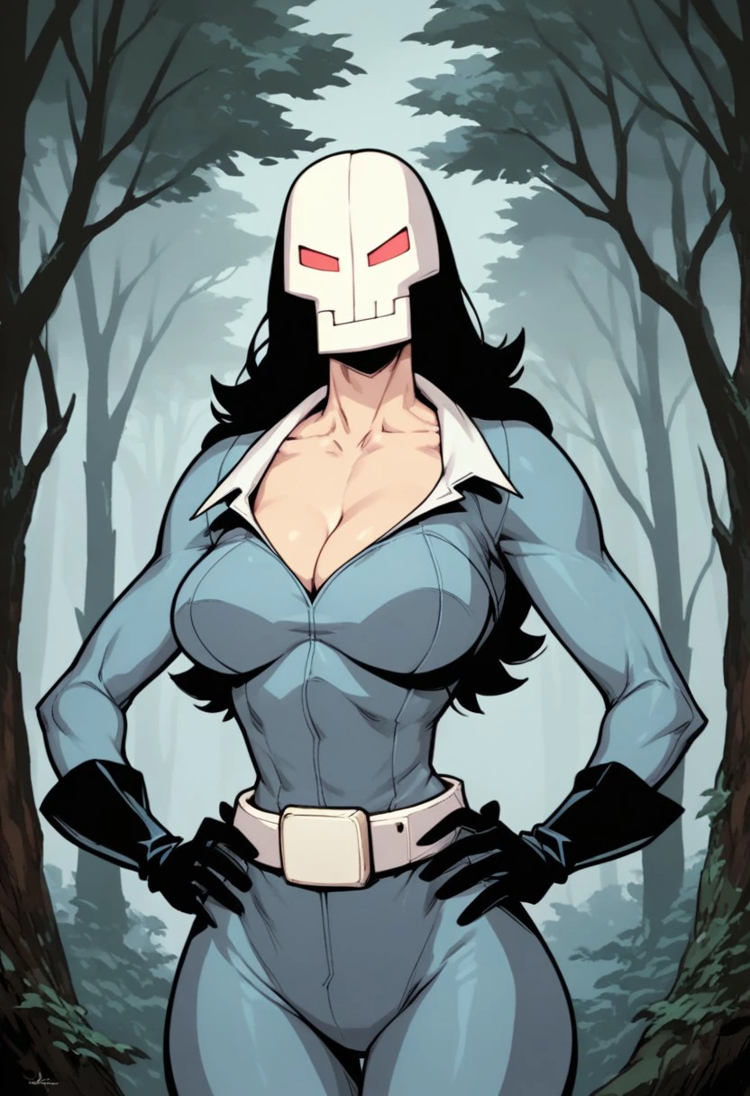 Score_9, score_8_up, score_7_up, score_6_up, score_5_up, score_4_up, 1girl, solo, voluptuous, curvy, large breasts, AbbeyGrey, Human Female, Black Hair, Blue Bodysuit, Black Gloves, Belt, smile, forest, tree, Skull Mask, Red Eyes, hands on hips, cleavage, collarbone