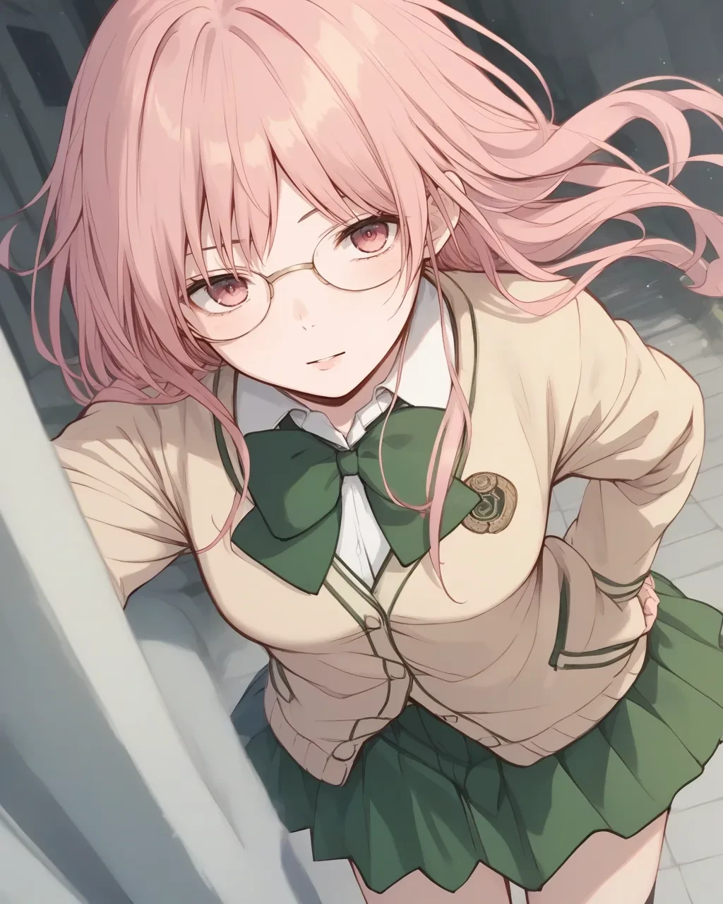 score_9,score_8_up,score_7_up,best quality, 4k, rating_safe, very aesthetic, source_anime,1girl,<lora:Akemiya_Hibari-step00003000:1>,Akemiya Hibari,pink eyes,pink hair,glasses,school uniform,green bowtie,collared shirt,beige cardigan,long sleeves,green skirt,
1girl,dynamic angle,cowboy shot,,