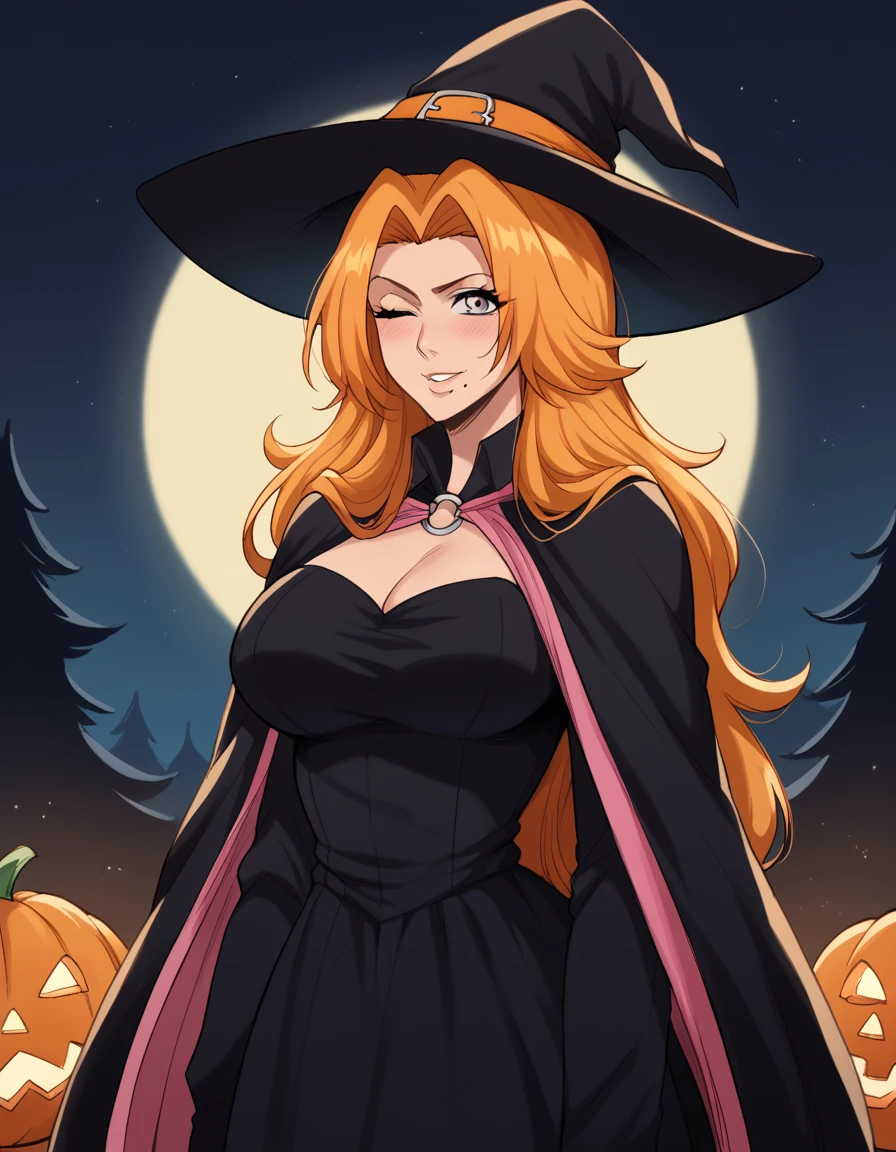 score_9, score_8_up, score_7_up, source_anime, <lora:rangiku-matsumoto-anime-ponyxl-lora-nochekaiser:1>, rangiku matsumoto, long hair, grey eyes, orange hair, mole, mole under mouth, parted bangs, large breasts, <lora:witch-ponyxl-lora-nochekaiser:1>, witch, hat, witch hat, dress, halloween, halloween costume, jewelry,, night, moon, blush, smile, one eye closed,, looking at viewer