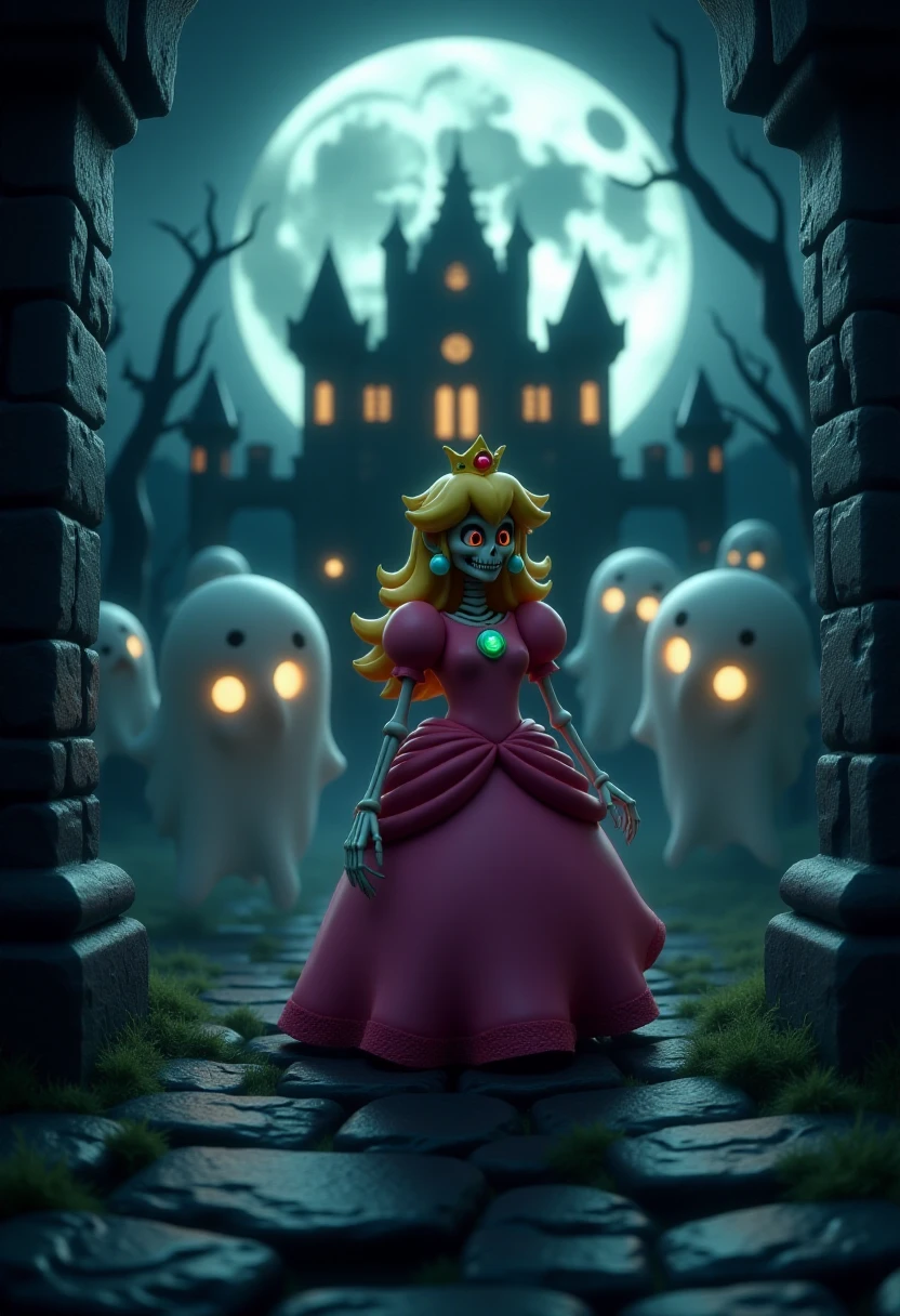 <lora:Spooky Skeletons:1> a skelet0n version of Princess Peach, in a spooky, moonlit castle. 3d rendered ghosts are hiding their eyes behind her in the background