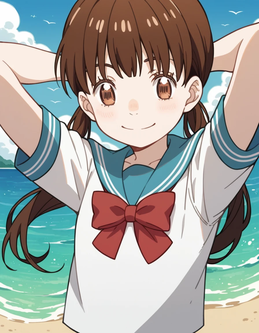 score_9, score_8_up, score_7_up, source_anime, <lora:hinata-kawamoto-s2-ponyxl-lora-nochekaiser:1>, hinata kawamoto, long hair, bangs, brown hair, twintails, brown eyes, low twintails,, shirt, bow, school uniform, white shirt, short sleeves, serafuku, bowtie, sailor collar, red bow, blue sailor collar, red bowtie,, beach, sand castle, swimsuit, summer vacation, ocean wave, hands behind head,, smile, , hands behind head,, solo,, dutch angle,