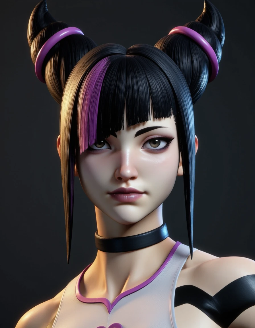 a high-contrast, noir-style portrait of âââ <lora:Juri_Han_Fadoo-Flux:1> juriv1ff, juri han, black hair, hair horns, multicolored hair, <lora:3D_render_flux:0.8> 3d renderâââ