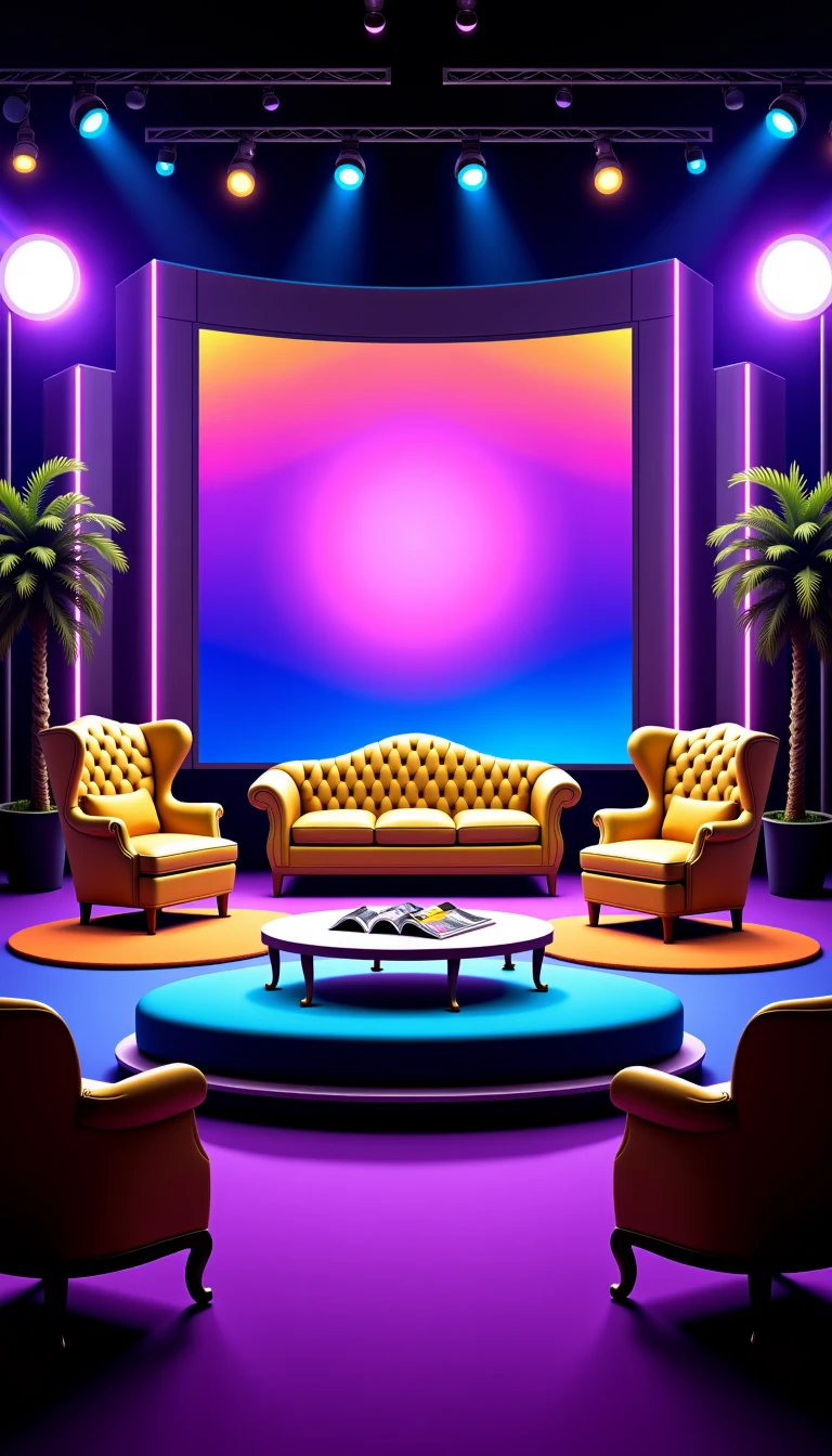 A glitzy talk show set, featuring a luxurious host's chair and couch for guests in front of a large, neon-lit backdrop. A sleek coffee table with magazines rests in front of the seating area, while bright spotlights focus on the stage, ready for the hostâs entrance.  <lora:Everly_Heights_Set_Builder_FLUX:1>