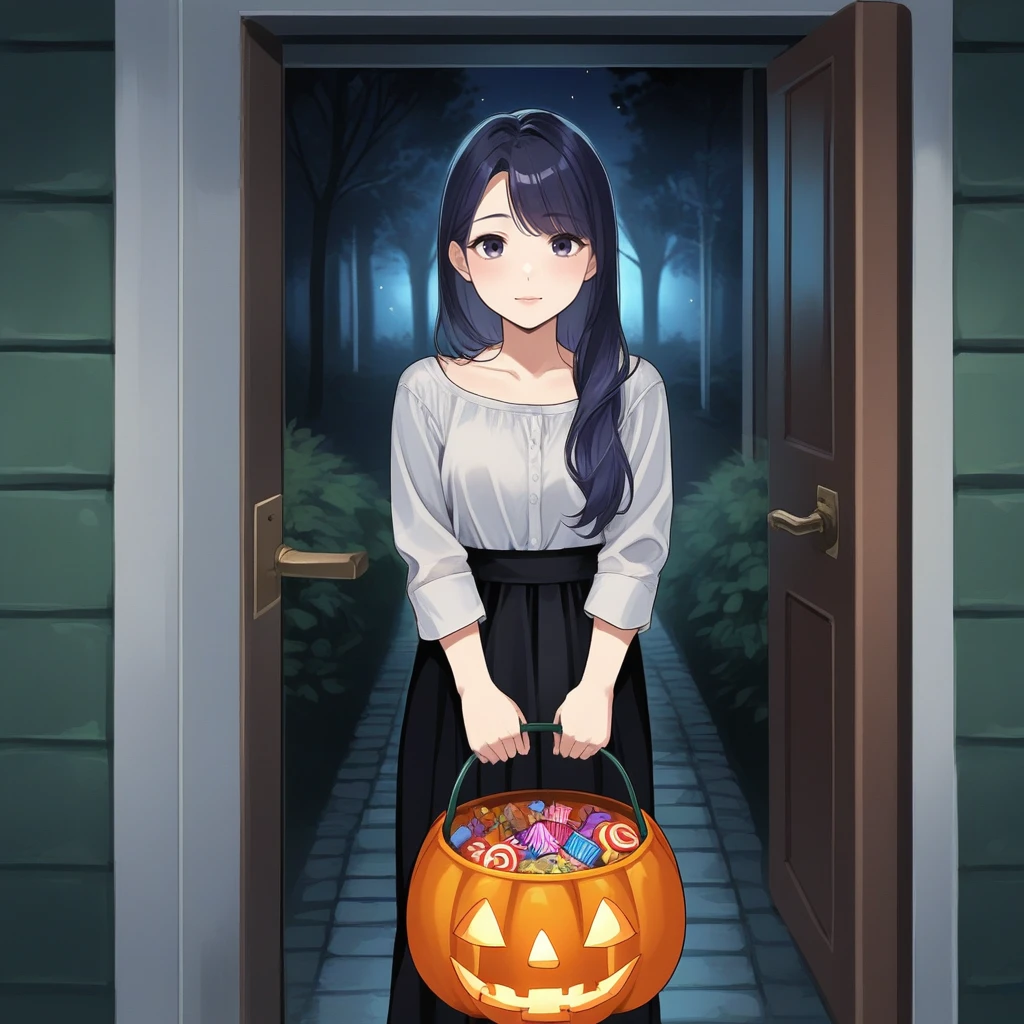 score_9, score_8_up, score_7_up, score_6_up, score_5_up, score_4_up, zPDXL2,source_anime,rating_questionable,solo, <lora:Halloween_Bucket:0.4> h4llbck, halloween bucket, looking at viewer, holding, candy, outdoors, doorway, night time,