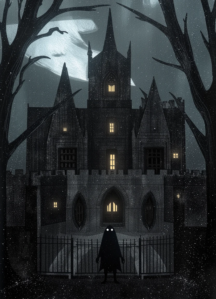 A dimly lit, gothic mansion looms under a stormy night sky, its towering spires and intricate stonework casting ominous shadows. Twisted, leafless trees surround the mansion, their branches reaching like skeletal hands. A flickering candlelight glows faintly through cracked windows, barely illuminating the decaying interior. In the foreground, a cloaked figure stands at the mansion’s iron gates, their face obscured, with a sense of impending dread hanging in the air. The moon is hidden behind thick, swirling clouds, and the atmosphere is heavy with mist, creating an eerie, haunted mood.
