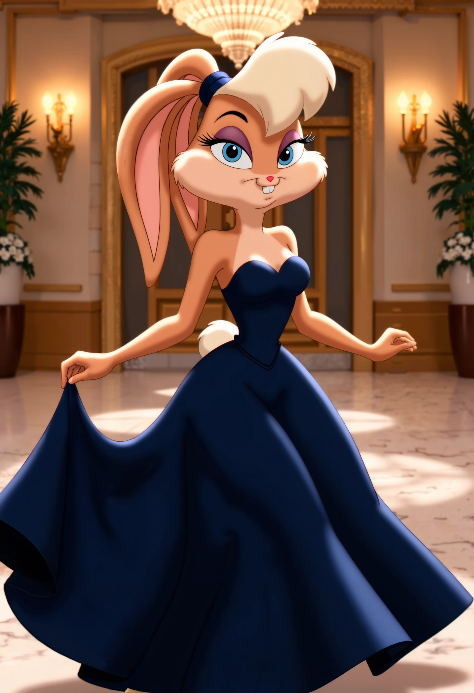 Lola Bunny in a solid navy blue ballgown, dancing in a grand ballroom with elegant chandeliers and marble floors shining in the background.