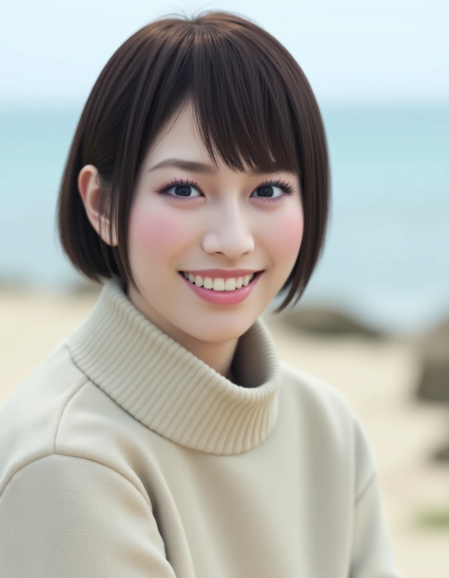 Upper body photo of young Japanese woman laughing. She has dark brown bob cut hairstyle and is wearing a beige soft turtleneck sweater. The background implies a tropical beach at daytime. <lora:Saeko_Mukoda_-_Flux-000001:1>