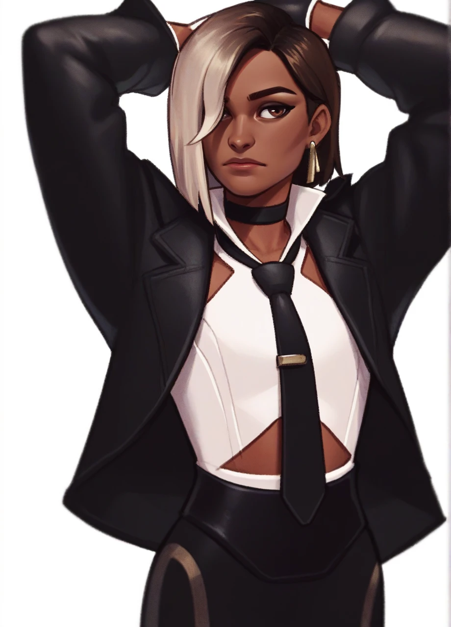 <lora:FN_Antonia-PONY:1> fnantonia, solo, dark skinned female, brown eyes, eyeliner, two-tone hair, hair over one eye, earring, black choker, black jacket, white collared shirt, black necktie, long sleeves, two-tone gloves, black skirt, standing, cowboy shot, white background, score_8_up, score_7_up, score_6_up, score_5_up, score_4_up,