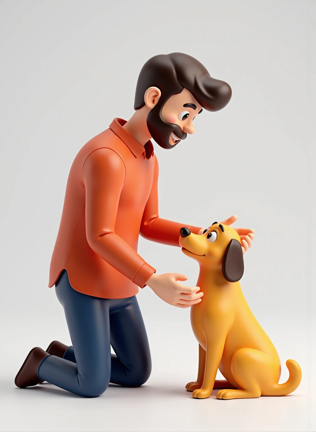 t0yb0x 3d toy design, a man kneeling, petting a dog, he's looking downward at the dog, animation style