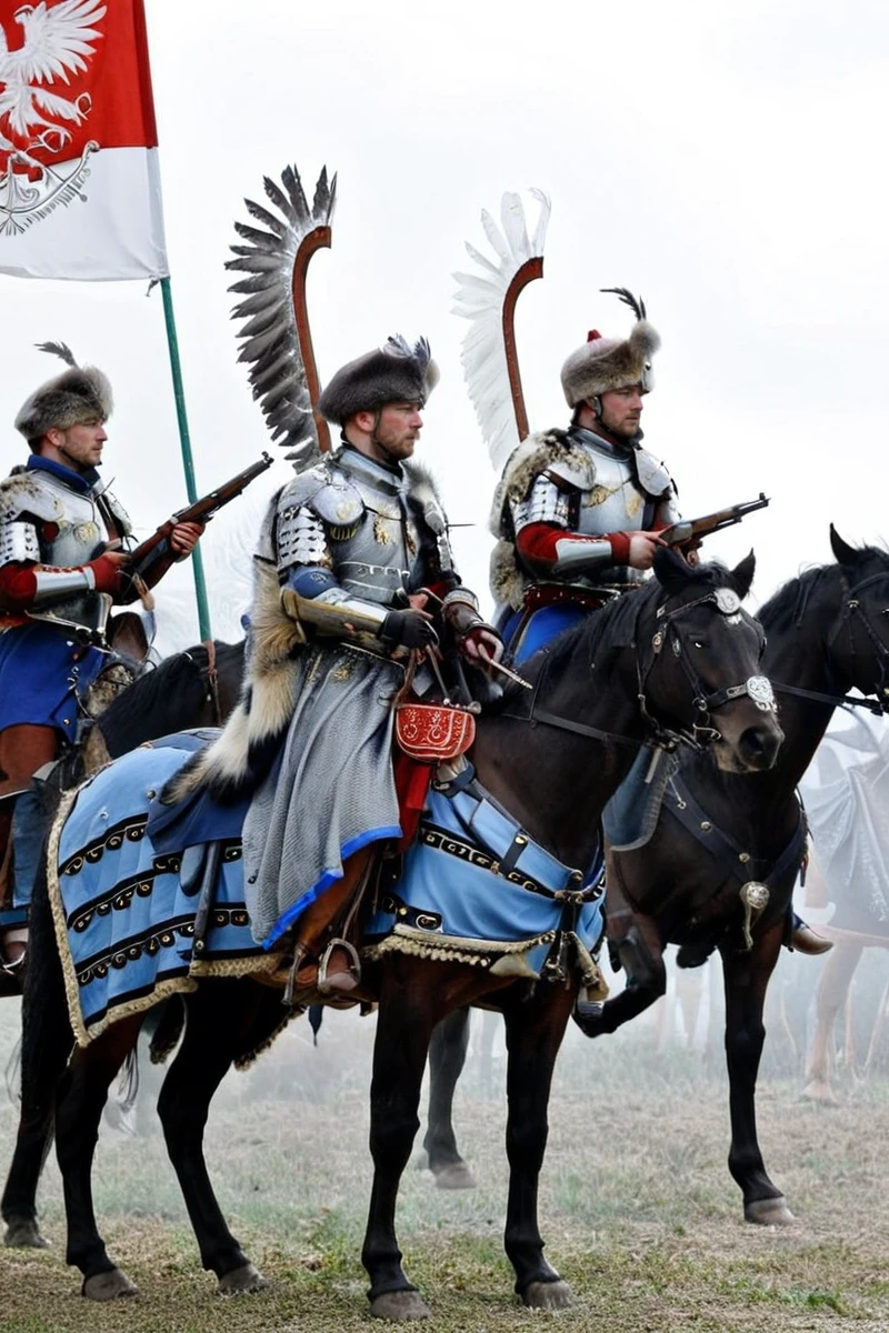 hires digital photo, photorealism, simple white background, group, multiple males, from side, on horsebacks, wearing winged_hussar_armor, holding flintlock pistols, fur hats, feather plumes, breastplates, pauldrons, gauntlets, boots, black and blue caparisoned horse, white banner depicting a black aquila <lora:Polish_Hussar_Armor_XL-000013:0.8>, gun smoke, intricate details, high resolution,