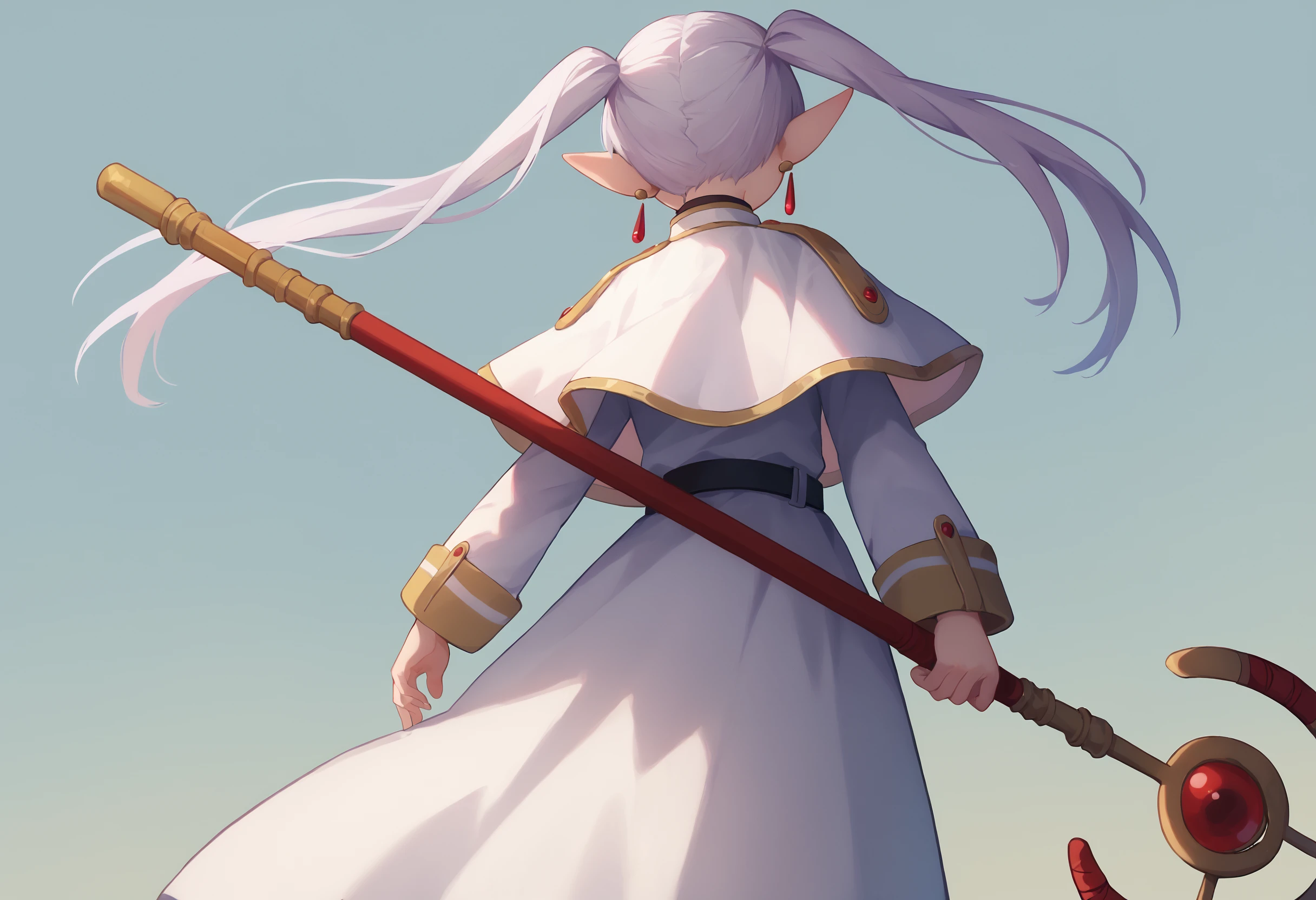 score_9, score_8_up, score_7_up, 1girl holding polearm from behind, from below, perspective, staff, facing away, (from side:0.8), simple background,
<lora:holding_polearm_from_behind_pose_final:1>
<lora:others_frieren_nereirfpnxl_pony_v2:0.8>
pointy ears, (twintails:1.2), earrings, elf, parted bangs, white hair, white capelet, capelet, long sleeves, white skirt, belt, pantyhose, [long dress::0.5]