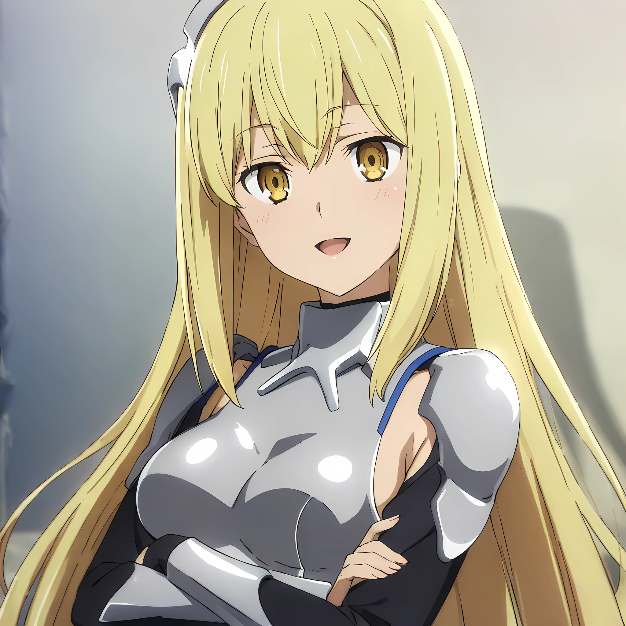 ais_wallenstein, 1girl, solo, blonde hair, long hair, yellow eyes, medium breasts, armor, breastplate, dress, white background, looking at viewer, armpits, crossed arms, smile, open mouth, simple background, upper body, portrait, anime coloring<lora:Ais_Wallenstein:1>, (masterpiece),(best quality),(ultra-detailed),(best illustration),(best shadow),(absurdres),(detailed background),(very aesthetic),