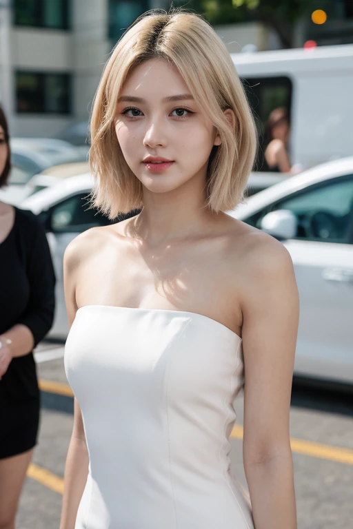 masterpiece, best quality, ultra-detailed, ultra high res, (photorealistic:1.4), raw photo, (realistic:0.2), 8k HDR, realistic cool temperature lighting, (asian:0.2), 1girl, solo, asymmetrical platinum blonde hair, outdoor, day, (fashion show event:1.2), bokeh, (detailed lips), (detailed pores), (detailed skin textures), (detailed face:1.2), (upper body:1.2), a woman in a white strapless tube dress, promotional image, a character portrait,