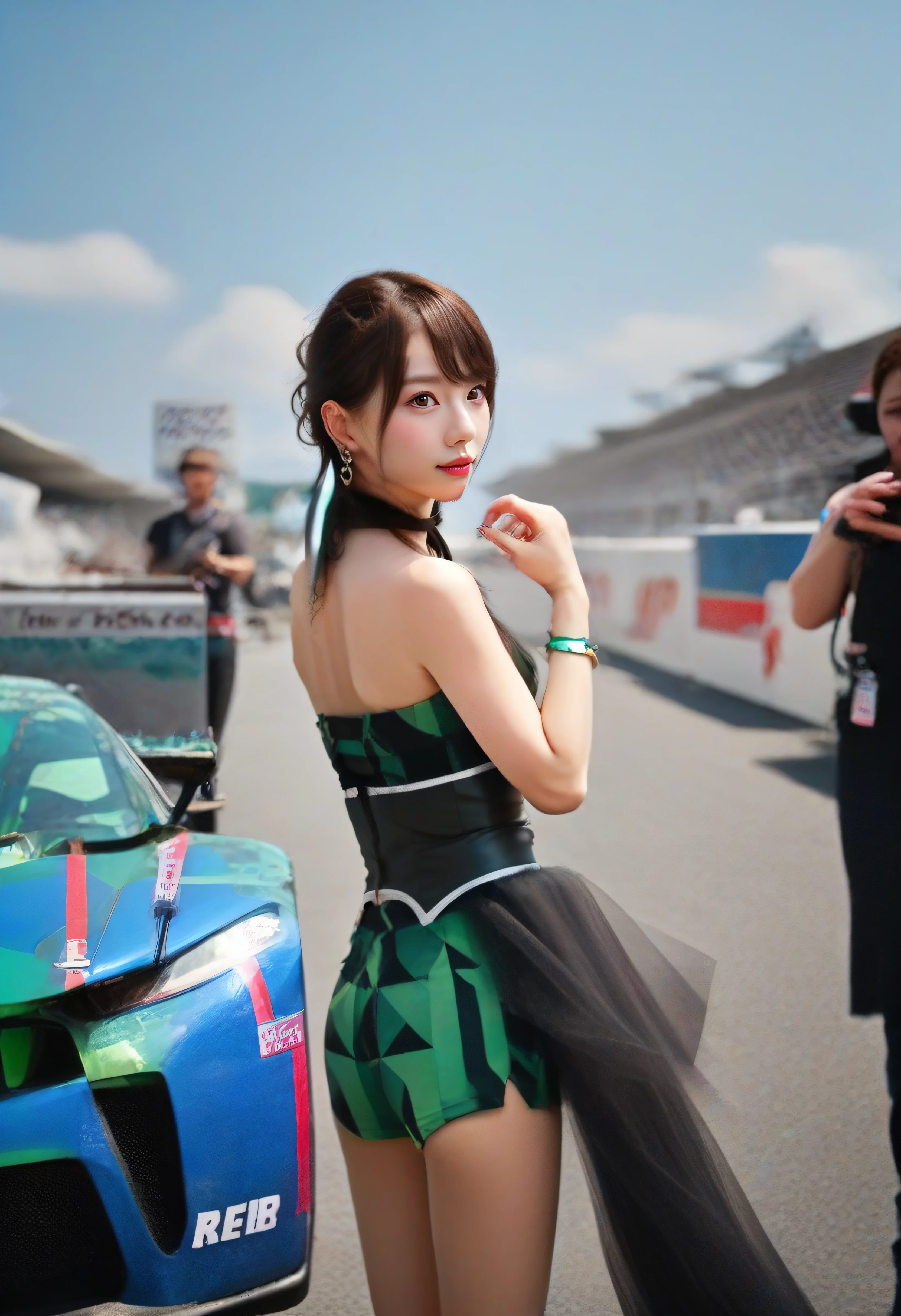 score_9, score_8_up, score_7_up, score_6_up, source anime, realistic, depth of field, break,
realistic lighting,
1girl, solo, looking at viewer, smile,
outdoors, racing circuit, blue sky, white cloud, contrail, natural lighting, racing cars,
<lora:MisakiH04Pony:1> misakih04pony, famale japanese digital creator , height 168cm, small face, (brown short hair), (bangs), thin eyebrows, dark brown eyes, double eyelids, coral lips, (slender body:1.2), large breast, thin legs, long legs,
<lora:Detailed_female_hands:1> detailed hand, woman hand, fingernails, green nail polish, long fingernails,
 teamstudie202401p, racing outfit with short green geometric-patterned top and shorts, flowing black sheer fabric draped on left hip, extending down to calves, black fabric is light and transparent, adding movement and elegance to the outfit, reaching calf length, sitting confidently,
 <lora:TeamStudies2024p03:1>  bare shoulders, tube top, text on tube top, necklace, shorts, black fabric, thighs, ((platform boots)), ((knee boots)), text on topwear, choker, bracelet, ear ring,