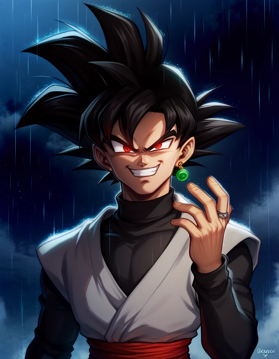 zPDXL3, score_9, score_8_up, score_7_up, score_6_up, score_5_up, score_4_up, highres, incredibly absurdres, highly detailed, outdoors, dark, night, rain, 1boy, solo, <lora:Goku_Black:0.6> goku black, black hair, spiked hair, red eyes, single earring, grey dogi, long sleeves, black turtleneck sweater, red sash, black pants, upper body,  <lora:gesugao_v1_unpruned:1> gesugao, evil smile, shaded face