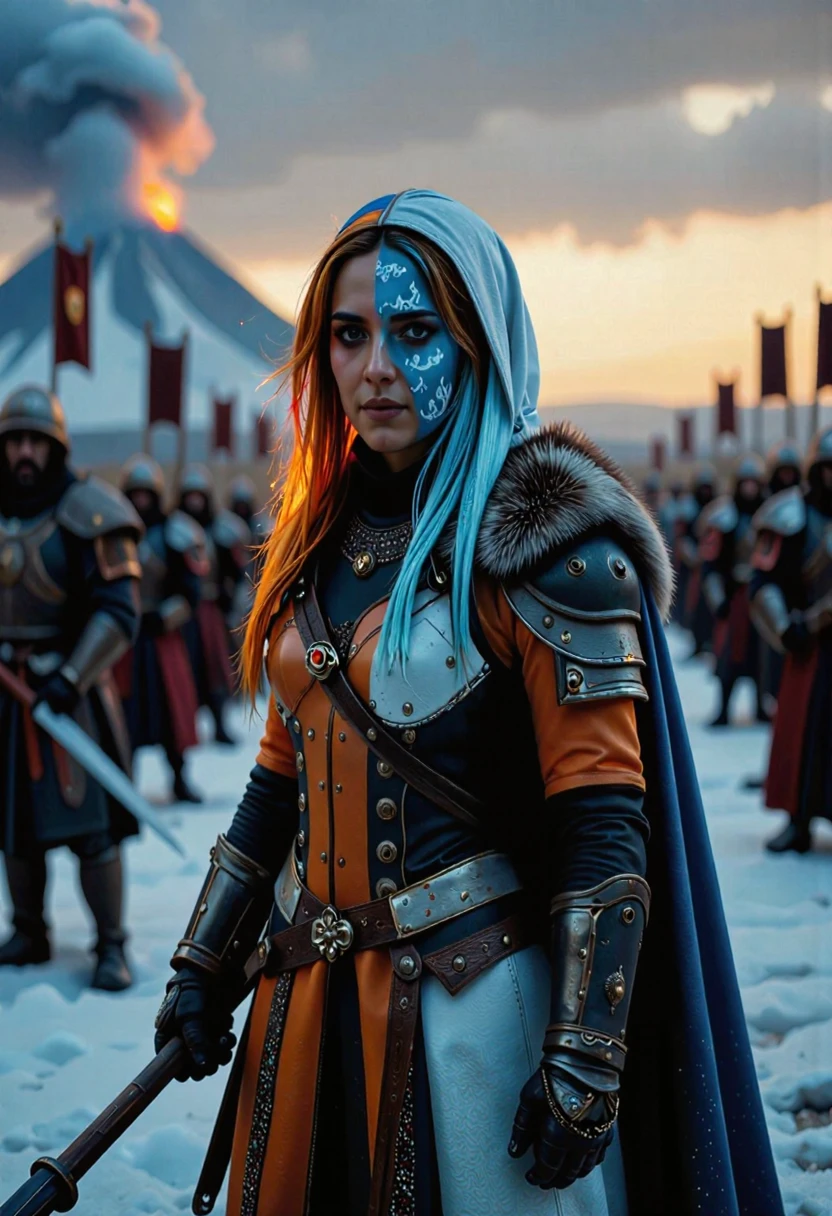 ral-faize, As dawn breaks, a Persian woman, portraying a fire and ice witch, with the left half or her armor glowing with warm embers and the right half half radiating cool mist with ice, effectively demonstrating why she is called the a fire and ice witch. With a fur-lined cloak, accents and an ornate blue and white on one side, orange and black on the other, holding a spear. Standing confidently in front of a massive army. Regel, confident, and determined expression. With soldiers in heavy armor, some holding banners that flap in wind, distant volcano covered in snow and ice, with fresh lava running down part of the sides, and small cloud of ash puffing out the top in multiple places. Atmospheric perspective. <lora:ral-faize-flux:1.0>, <lora:flux/Magic of Art 2 (FLUX)> Cinematic style, Beauty, Realism, Photorealism, Chiaroscuro, High quality, <lora:flux/Sinfully_Stylish_.02_for_FLUX-000002>, <lora:flux/mjv6_lora flux.safetensors_converted>, <lora:flux/perfection style v3b>, perfection style