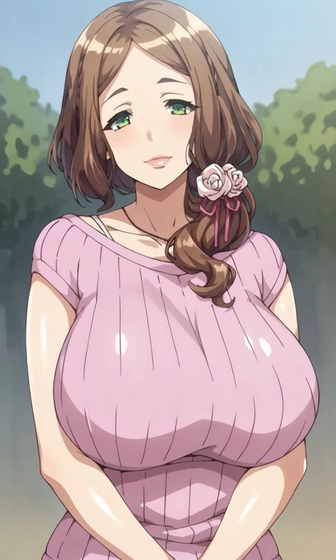 Masterpiece, best_quality, highlight, LHMutsumi Otohime, solo, standing, large_breasts, green brown dress, bra edge, ((sweaty blush, big breasts, biting on the condom, holding the condom, condom on the chest, sitting on the ground, money on the ground))