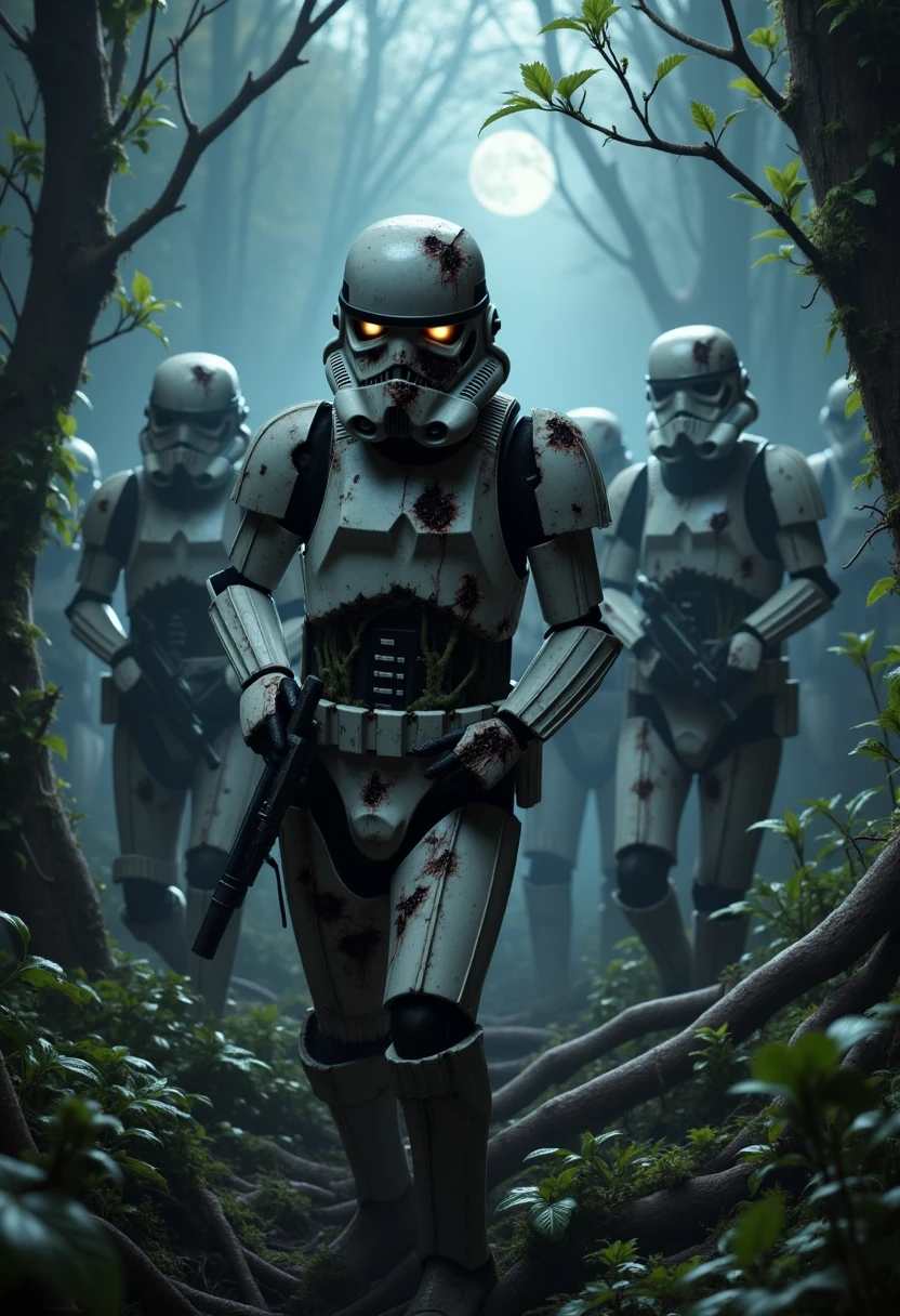 Imagine an image in the style of hyper-realistic horror film stills. A horde of zombie Stormtroopers shamble through an overgrown forest. Vines twist around their limbs, and hollowed-out helmets reveal skull-like faces with sunken, glowing eyes. The moonlight filters through the trees, casting ghastly shadows on the torn armor and exposed bones.