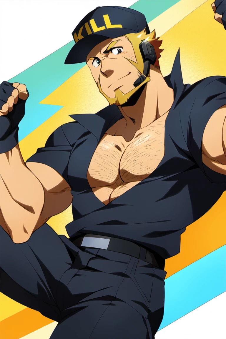 score_9, score_8_up, score_7_up, score_6_up, perfect anatomy, perfect proportions, best quality, masterpiece, high_resolution, high quality, best aesthetic, incredibly absurdres, highres, extremely detailed, huge filesize, mature, masculine, manly, virile, handsome, charming, alluring, bara, male focus, solo male, cowboy shot, dutch angle, source_anime \(Cells at Work! CODE BLACK\), anime coloring \Cells at Work! CODE BLACK\), Killer T Cell \(Cells at Work! CODE BLACK\), CaWBlKillerTCell, blond hair, black eyes, sanpaku, long sideburns, facial hair, chinstrap beard, jawline beard, scar on face, scar on cheek,  CaWBKillerTCell_outfit, black cap, Killer T Cell cap \(Cells at Work\), black earpiece, Killer T Cell uniform \(Cells at Work\), black shirt, partially unbuttoned shirt, chest hair, short sleeves, black fingerless gloves, black pants, black boots