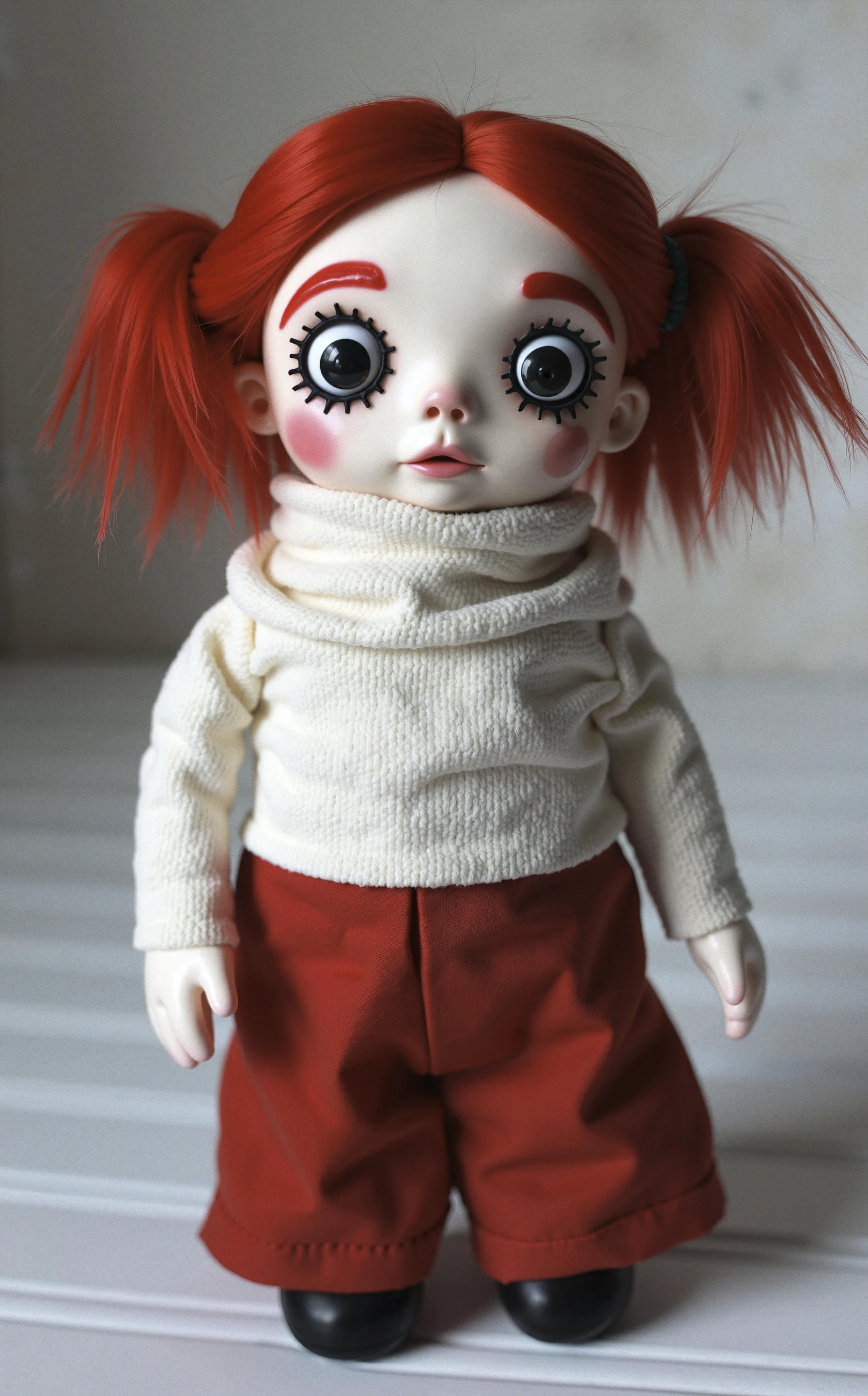 Creepy,a doll with an exaggerated, whimsical design. It has a porcelain-like facial structure with large, round, black eyes and small facial features, including a slightly parted mouth. The doll's skin is pale, with noticeable blush on the cheeks and red eyebrows. It has bright red hair styled in pigtails, adding to its unique appearance. The body is composed of a combination of materials, showcasing a simple fabric attire wrapped around its neck, with a red-toned dress and small round feet. The background is softly blurred, focusing attention on the doll. 