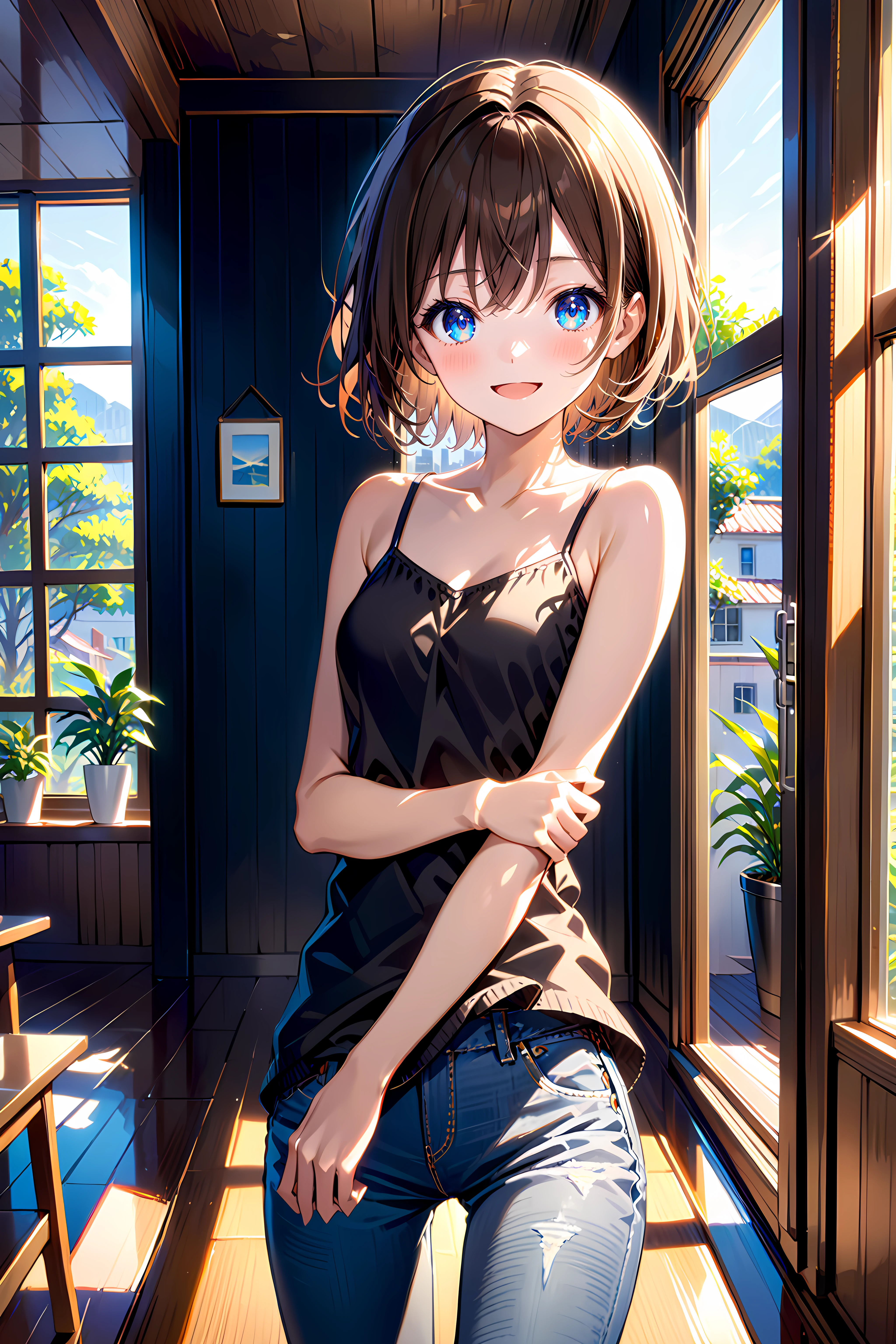 1girl, cowboy shot, standing, short hair, brown hair, blue eyes, black camisole, collarbone, jeans, bare shoulders, bare arms, open mouth, smile, hand on own arm, indoors, window