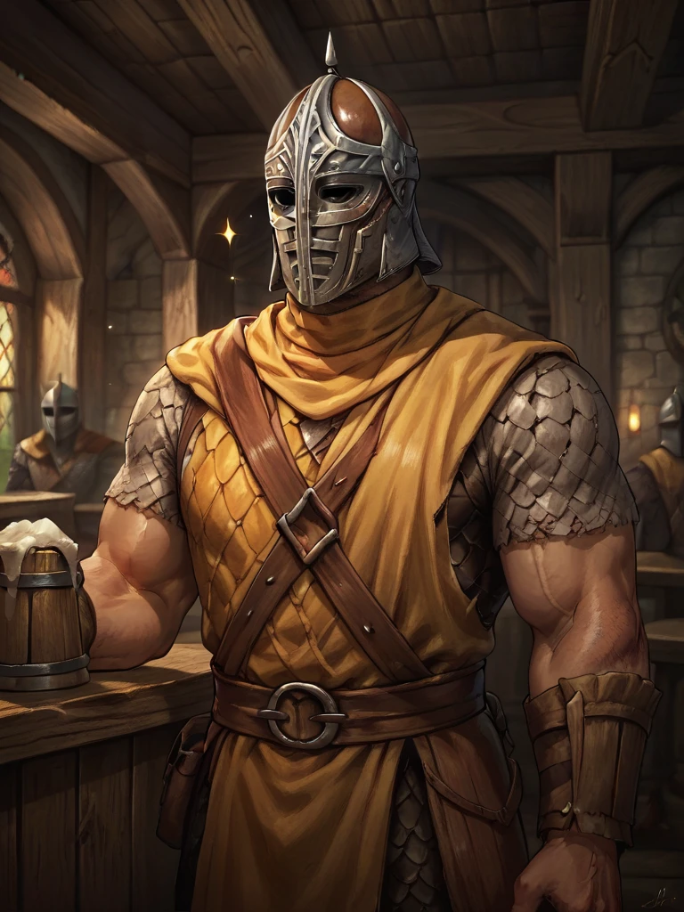 score_9, score_8, portrait of whiterun_guard man, helmet, bara, armor, tavern background, <lora:Whiterun_Guard_Skyrim:.6> sparkles, three quarter view