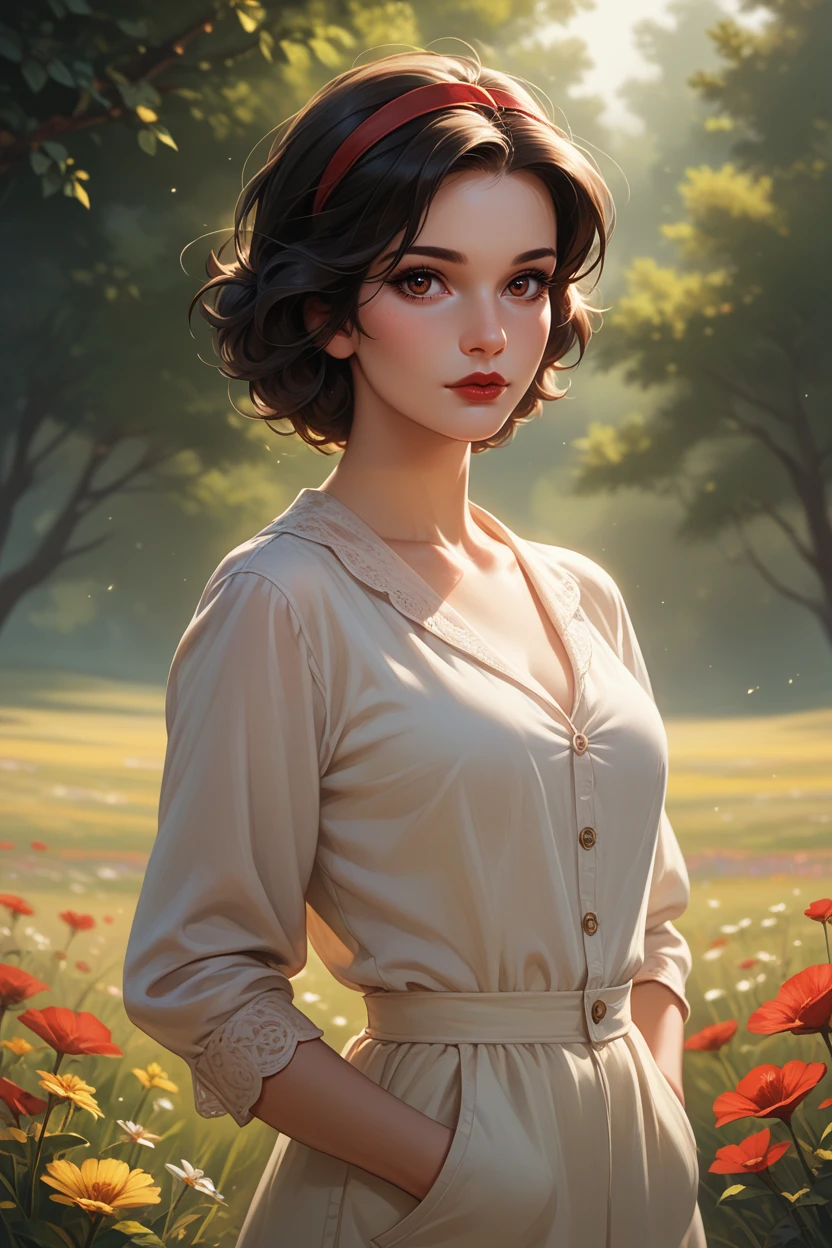 score_9, score_8_up, score_7_up,
<lora:DisneySnowWhite:0.8>
DisneySnowWhite, 1girl, black hair, brown eyes, red lips, short hair, looking at viewer, standing in a field of lavender, hands in pockets, slight breeze blowing hair, warm golden hour sunlight, serene and peaceful mood