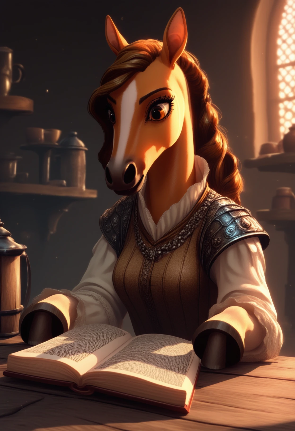 p5style, cel shaded, safe_pos, score_9, score_8_up, score_7_up, 1girl, solo, medieval fantasy, female horse, furry, reading a book, tavern, hooves