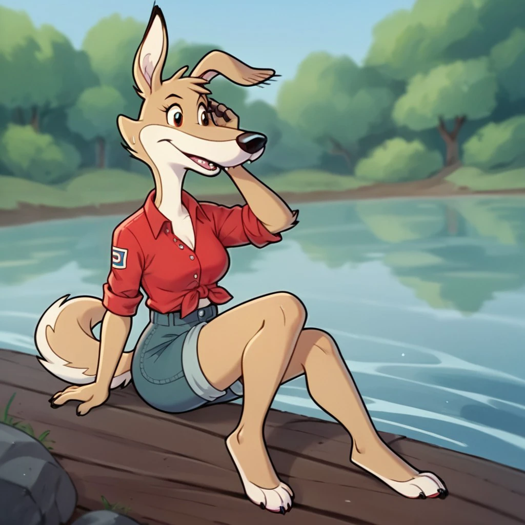 score_9, score_8_up, score_7_up, score_6_up, score_5_up, score_4_up, source_furry, Daisybb, anthro, female, Dingo, brown fur,  sitting on a river bank, blue button-up knee-length overall jumper,  red short-sleeved shirt, <lora:77653734-25d2-4f70-b87c-3ae9801ec0ef:0.7>