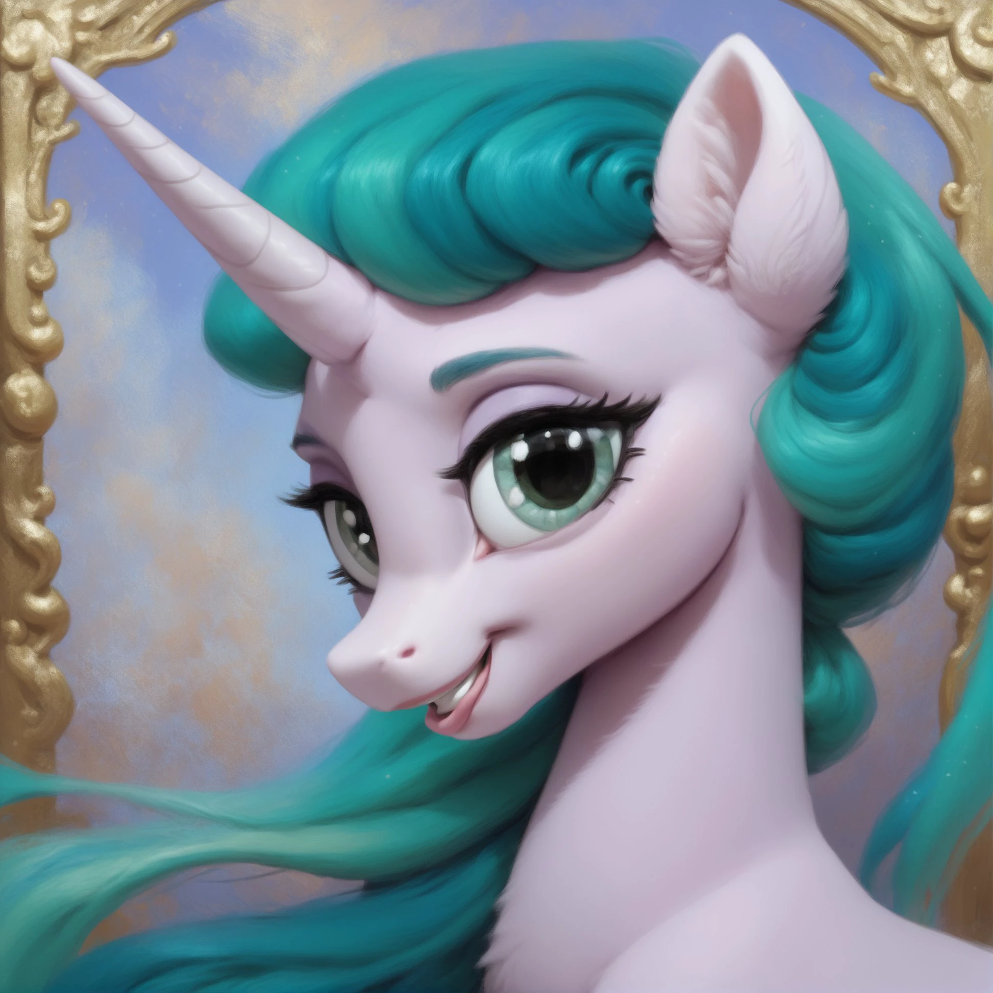 score_9, score_8_up, score_7_up, score_6_up, score_5_up,with beautiful, detailed, (detailed cute pony face), detailed eyes, detailed fur, beautiful, vector, flat colors, (abstract background: 1.8), (looking at you, looking at viewer: 1.5), cute smile, happy, ((close-up)), wide angle <lora:Mistmane:1>Mistmane, pony, unicorn, female, full body, green eyes,
 <lora:Realistic000003_1_2.5DAnime_0.05_Merge1:1>