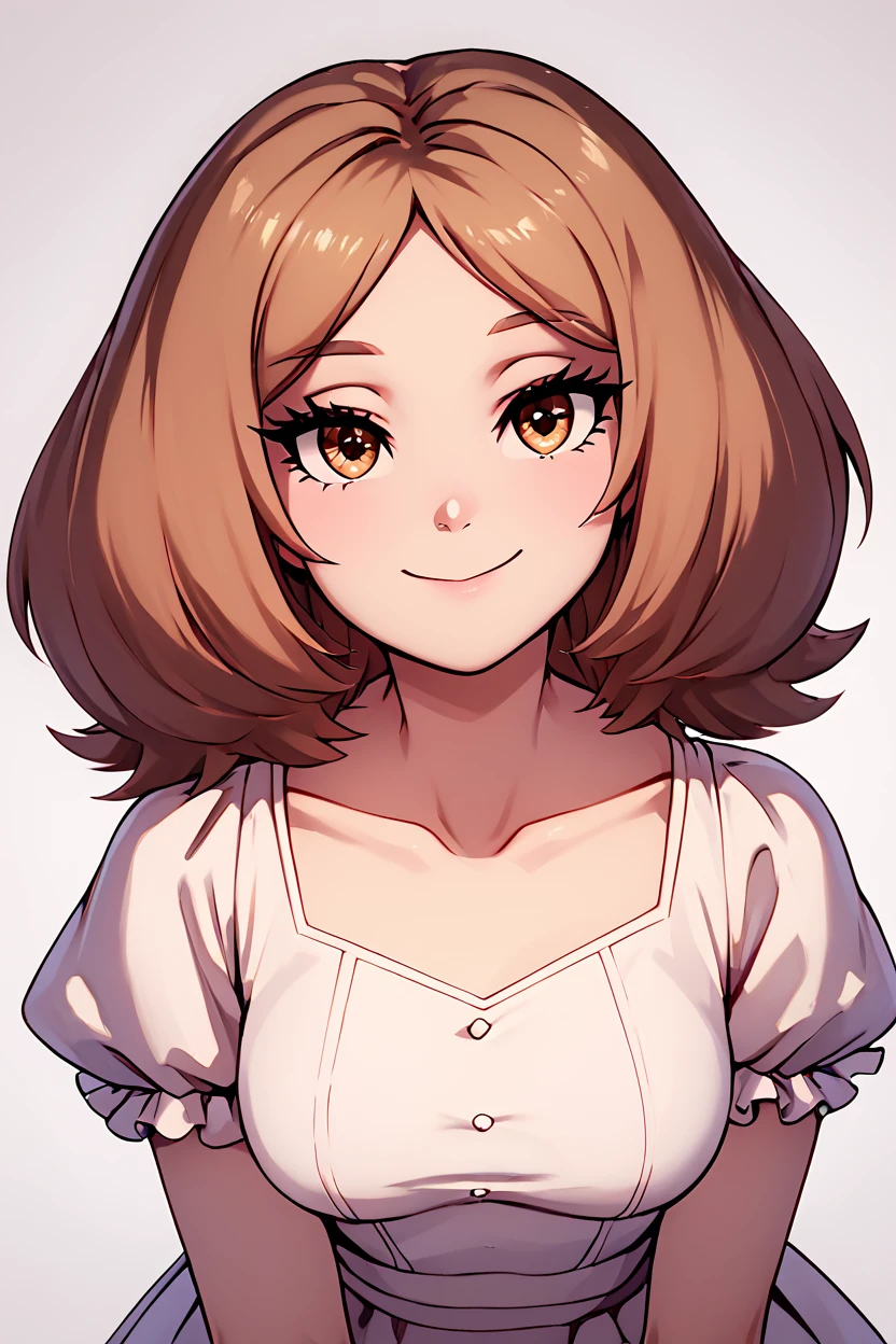 score_9, score_8_up, score_8, medium breasts, (curvy), cute, eyelashes,       BREAK, , zzEdel, brown eyes, medium hair, brown hair, short hair,   dress, collarbone, puffy short sleeves, <lora:EdelFrieren_PDXL:1.0>,  , BREAK, looking at viewer, ,,, smile, upper body, leaning forward, head tilt, ,,, embedding:zPDXL, Expressiveh, ,,, <lora:theButcherXPDXL:0.8>, <lora:CatalystStylePDXL:0.6>, <lora:SDXLFaeTastic2400:0.5>, <lora:Expressive_H-000001:0.4>,