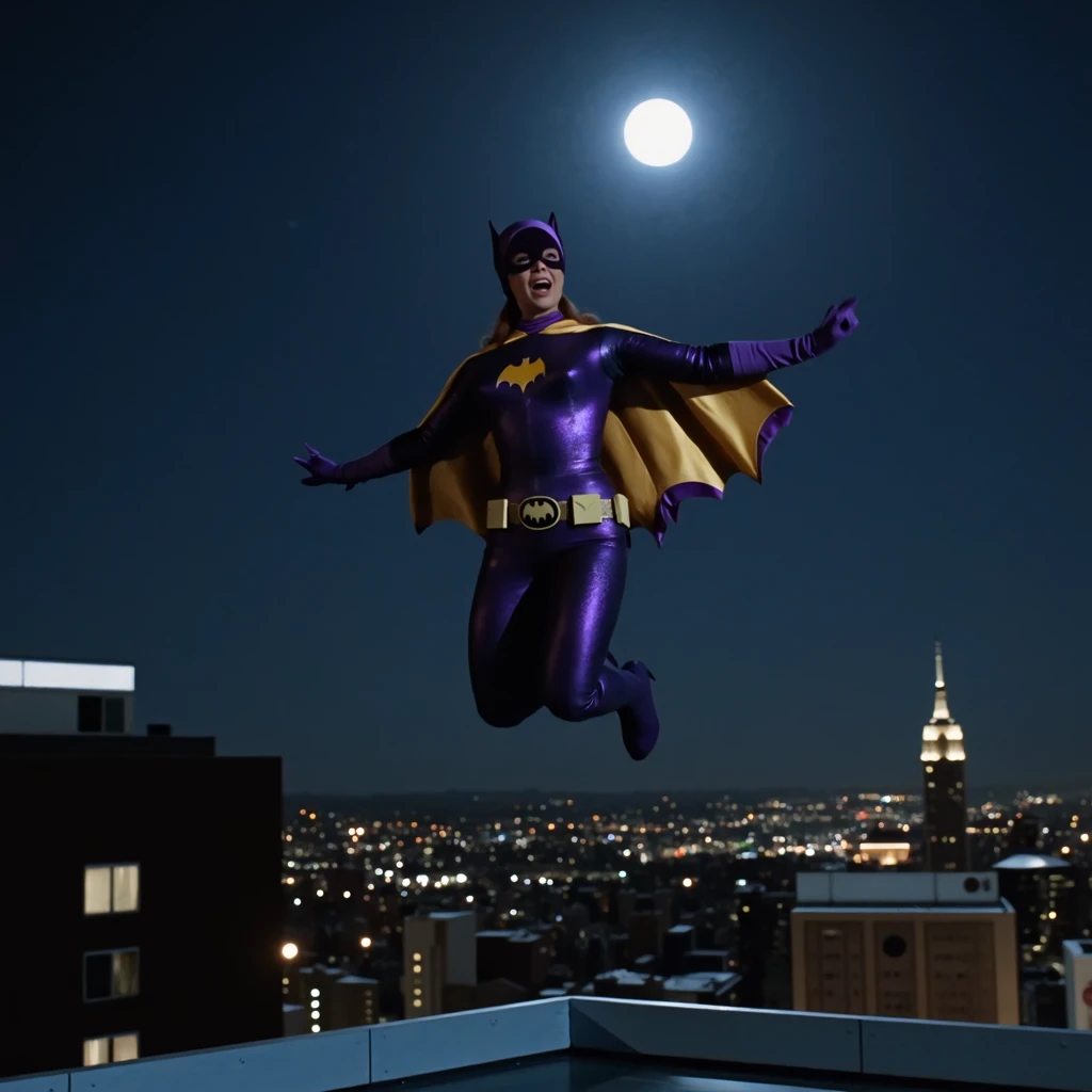 b4tg1rl woman, is wearing her usual attire jumping off a rooftop of a tall building in the middle of the night with a full moon behind her, she is doing a superhero pose with in a very dynamic and cinematic shot, the scene displays intense action and the darkness is only lit by the lights of the distant buildings