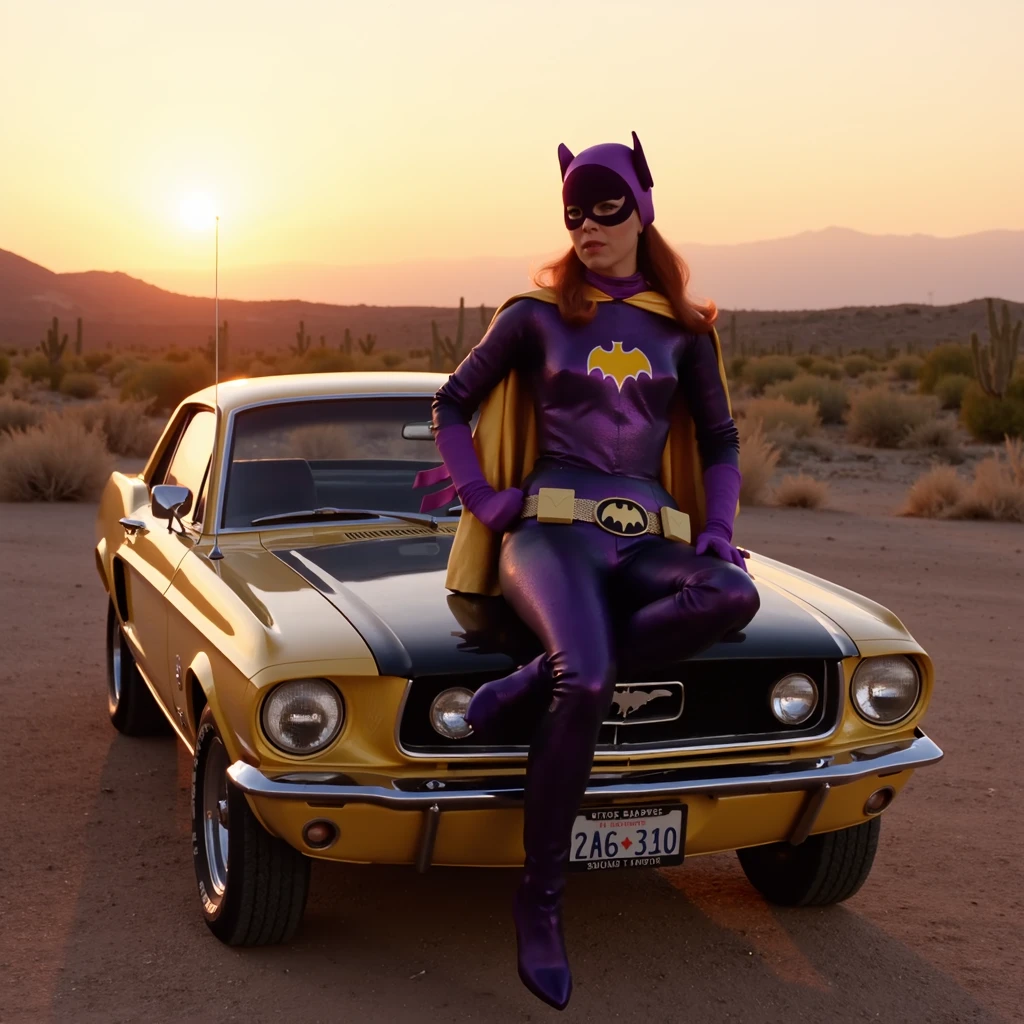 b4tg1rl woman, is wearing her usual attire sitting on top of the hood of a mustang in the desert, the photo is taken from below and there is a sunset behind her, the colors are warmt and the photo has a shallow depth of field