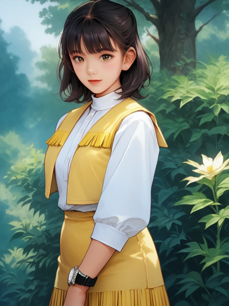 score_9, score_8_up, score_7_up, 1girl,solo,  <lora:100_shaider_annie_pdxl:1> anncost2, black hair, shoulder length hair, bangs, brown eyes, Japanese woman, white standing collar, yellow vest with fringe, yellow fringed skirt, looking at viewer, standing, outdoors, close up view, watch, using communicator