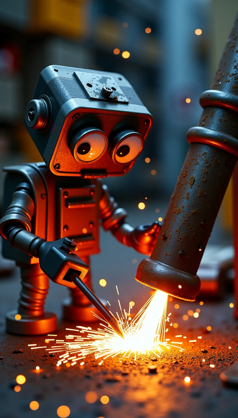 A character welding two large pipes together, sparks flying<lora:EverlyHeightsJunkbotsFlux:.75>