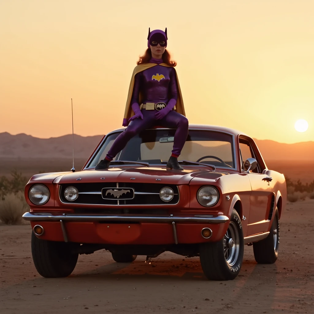 b4tg1rl woman, is wearing her usual attire sitting on top of the hood of a mustang in the desert, the photo is taken from below and there is a sunset behind her, the colors are warmt and the photo has a shallow depth of field