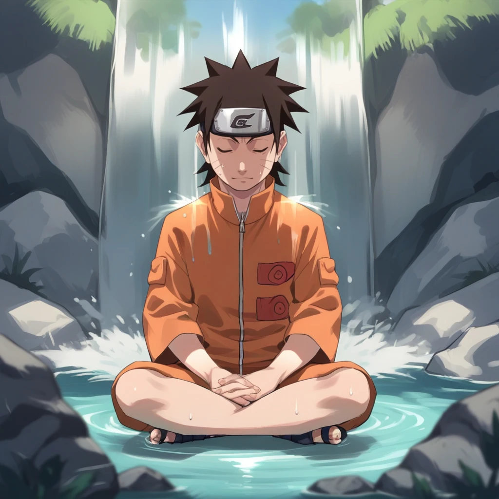 score_9, score_8_up, score_7_up, score_6_up, score_5_up, score_4_up, zPDXL2,source_anime,rating_questionable,solo, <lora:Underneath_Waterfall:0.8> W4terf4ll, waterfall, naruto uzumaki, orange jumpsuit, legs crossed, meditating