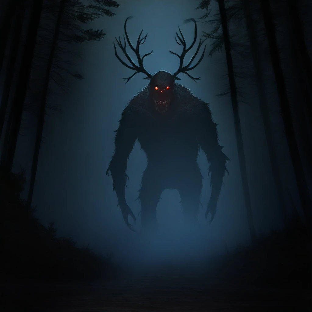 masterpiece, best quality, (CR33P1NGF0G, fog), the_witcher_(series), fog, dark, night, haze, no_humans, scenery, forest, antlers, monster, red eyes, glowing, detailed, the_witcher_3 , detailed background,