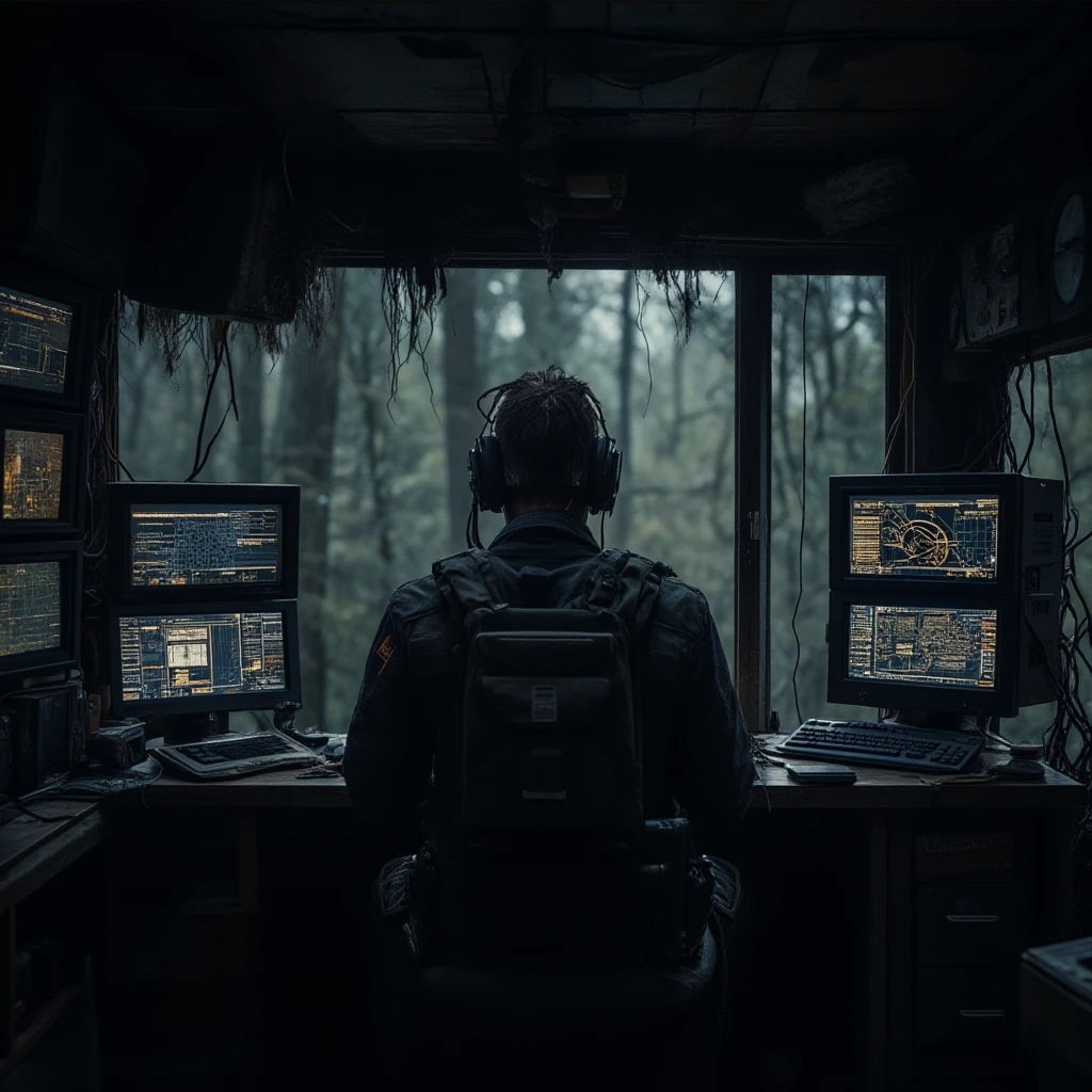 professional 3d model cinematic film still  <lora:b739bf37-a09b-4a0d-9d41-2ad4ce709642.TA_trained:0.8>""A lone hacker sits in a makeshift control room deep in a forest, surrounded by multiple monitors displaying encrypted data, maps, and schematics. The hacker, dressed in worn, tactical gear, has a cybernetic implant attached to their head, connecting them directly to the network they are infiltrating. The room is cluttered with old equipment, wires hanging loosely from the ceiling, and the dim light from the screens casting an eerie glow on the scene. Outside, the forest looms, its dense trees barely visible through the grimy windows. The atmosphere is tense and secretive, as if this hidden outpost is part of a resistance or underground operation, where every keystroke could determine the fate of a larger conflict." . shallow depth of field, vignette, highly detailed, high budget, bokeh, cinemascope, moody, epic, gorgeous, film grain, grainy . octane render, highly detailed, volumetric, dramatic lighting