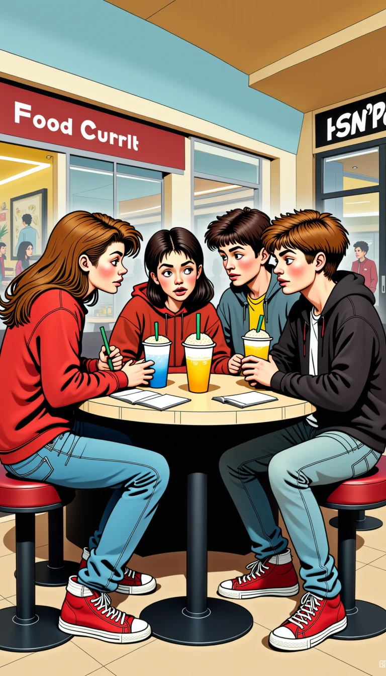 A group of 90s slacker teenagers hanging out at a mall food court, sipping sodas and talking about comic books <lora:everlyheightscomicsflux:1>