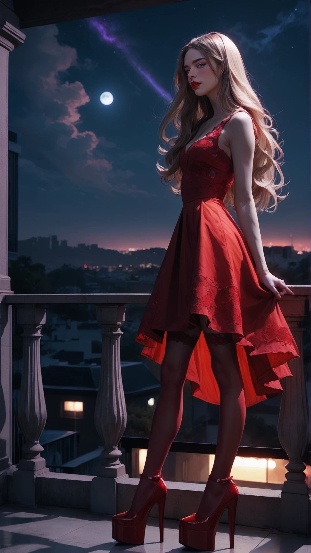 score_9, score_8_up, score_7_up, BREAK, 1 woman, blonde, long hair, very thin hair, grey background, simple background, wearing reij-rosie, red dress, red platform shoes, red stockings  <lora:reij-rosie:1>, standing, balcony, night sky, side view, reij-drkrt, dark colored shadow, neon details, low contrast, (purple color grading), <lora:reij-darked:0.5>