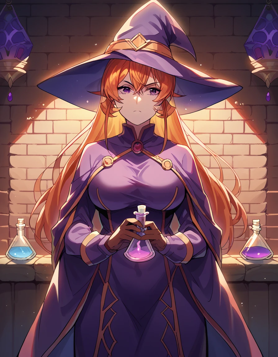 score_9, score_8_up, score_7_up, source_anime, <lora:erina-nakiri-s1-ponyxl-lora-nochekaiser:1>, erina nakiri, long hair, orange hair, purple eyes, hair between eyes, large breasts, <lora:wizard-ponyxl-lora-nochekaiser:1>, wizard, wizard hat, robe, dress, long sleeves, gloves,, indoors, bricks, potion, flask, vial,, cowboy shot,