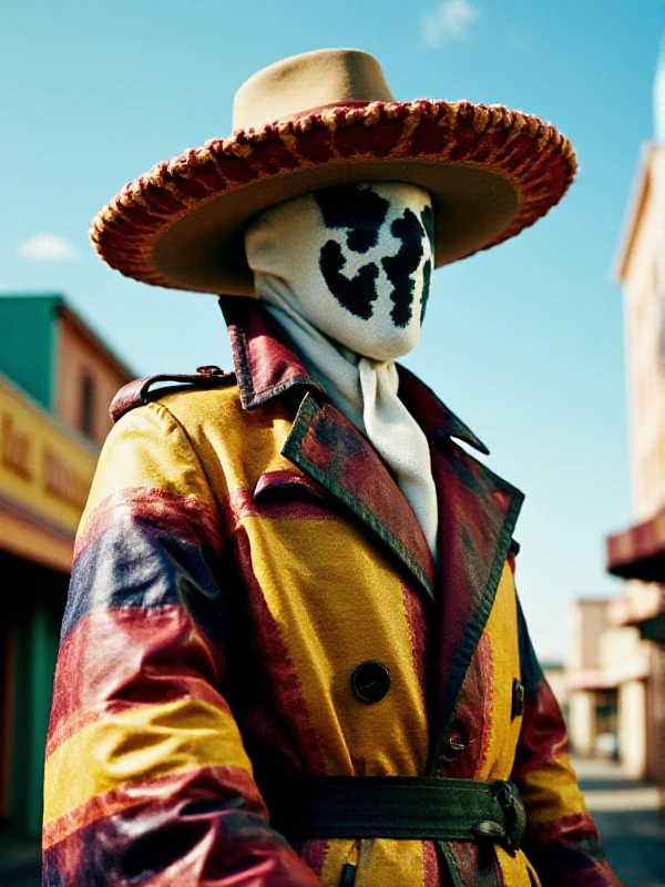 a full body Rorschach wears a colorfull poncho and a huge sombrero hat in mexico<lora:Rorschach:0.9>